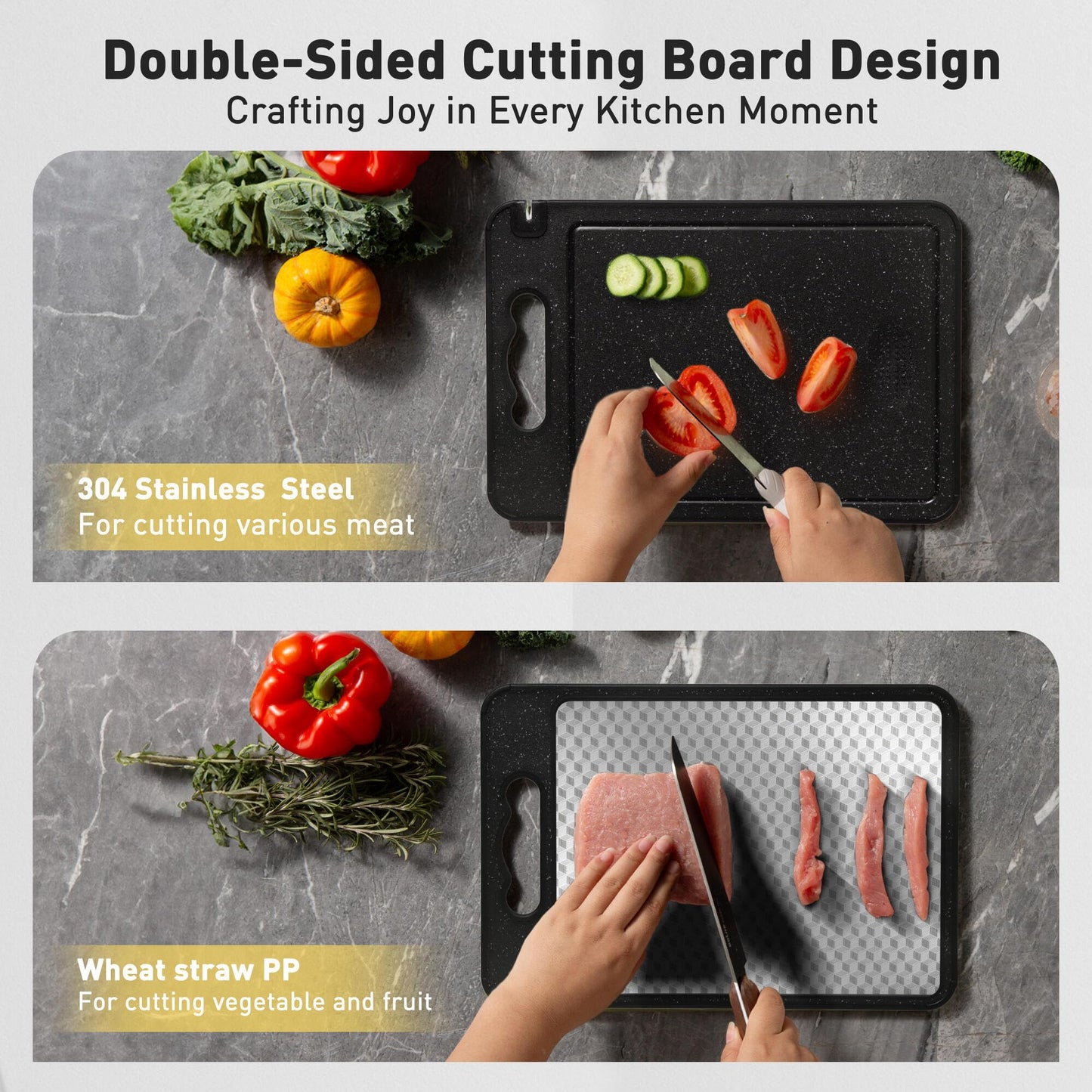 2 in 1 Stainless Steel Cutting Board with Handle Best Non-toxic Chopping Large Metal Meat Butcher Block Mesh Design Madera Glass Marble Kitchen Tablas Cocina Cortar Picar Regalos Mujer Mama Abuela
