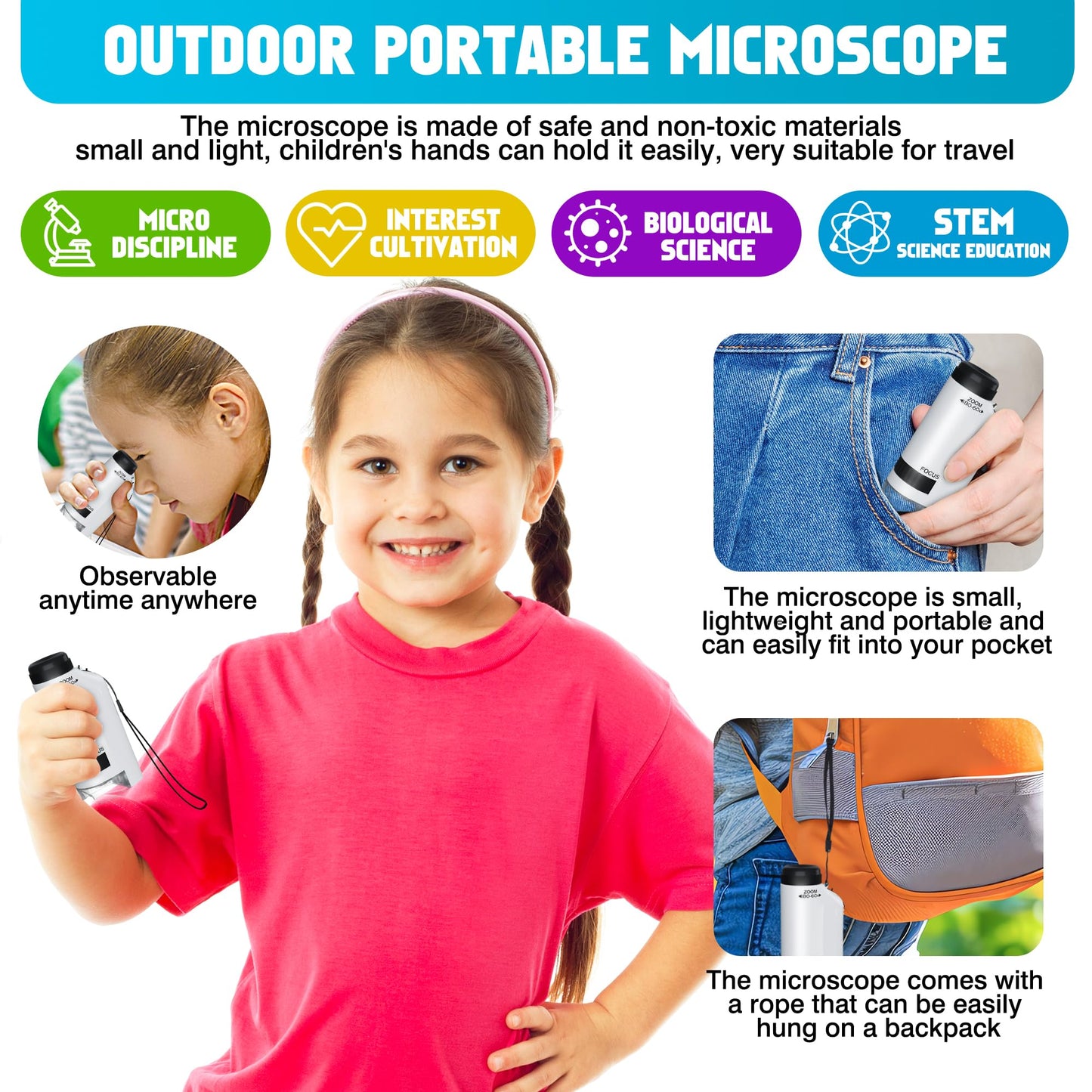 Portable Microscope for Kids Zoom 60x-180x,Handheld Mini Microscope STEM & Science Toys,LED Pocket Little Scientist Microscopes with 12pcs Slides,Gifts for 6,7,8,9,10+ Girls Boys(Blue&White)