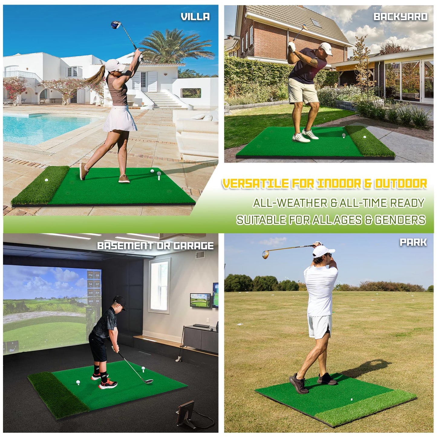 MyVoice Golf Hitting Mat - Pro 5x4ft | Premium Indoor/Outdoor Training Mat for Chipping, Swing, Driving | 2 Grass Turf Options, Thickened Design (21/45mm) | High-Elastic, Non-Slip Base