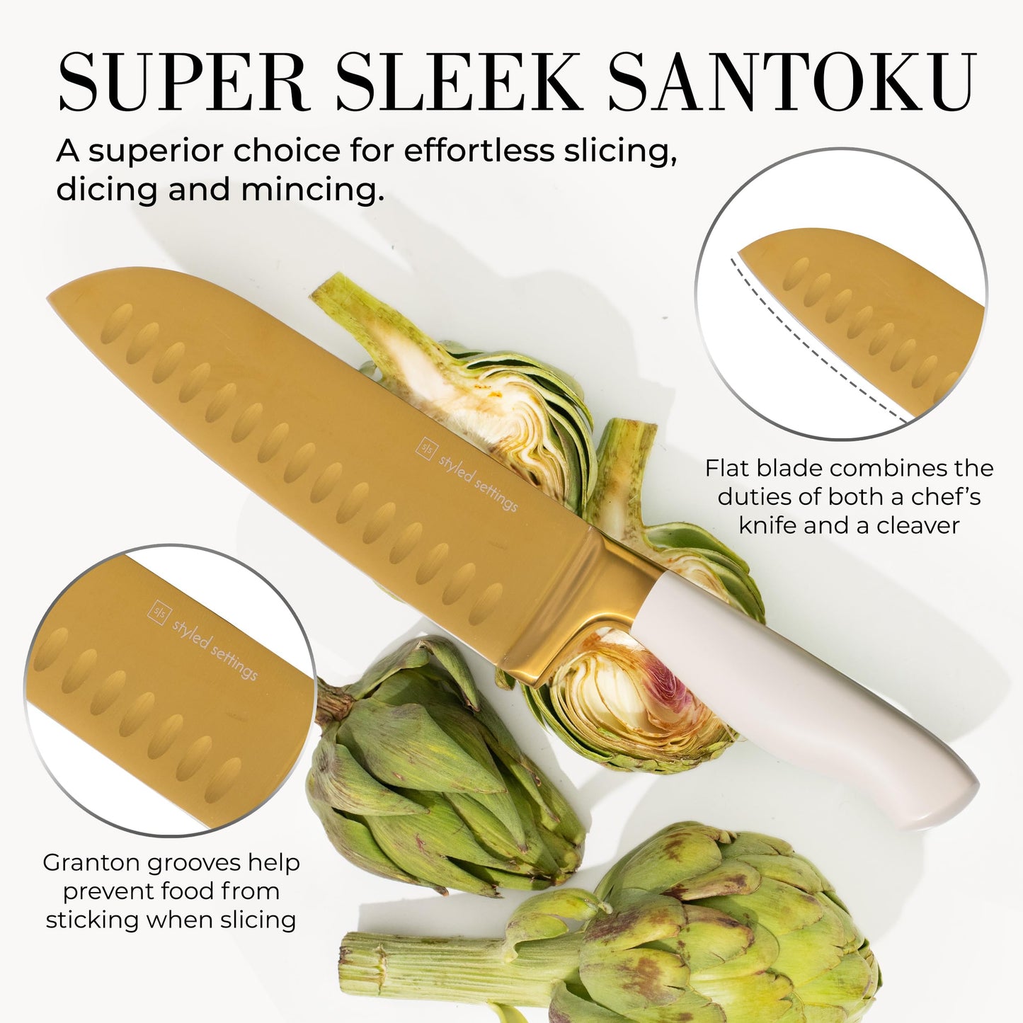 Gold Knife Set with Block Self-Sharpening – 14-Piece Titanium Coated Gold and Off-White Kitchen Knives with White Block and Built-In Sharpener – Stylish Luxury Kitchen Accessories and Decor