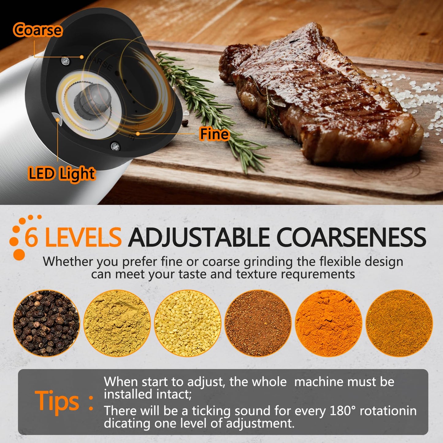 Gravity Electric Salt and Pepper Grinder Set, USB Rechargeable, No Battery Needed, Adjustable Coarseness, Automatic Mill Grinder with Warm LED Light, One Hand Operated for Kitchen, Restaurant, Outdoor