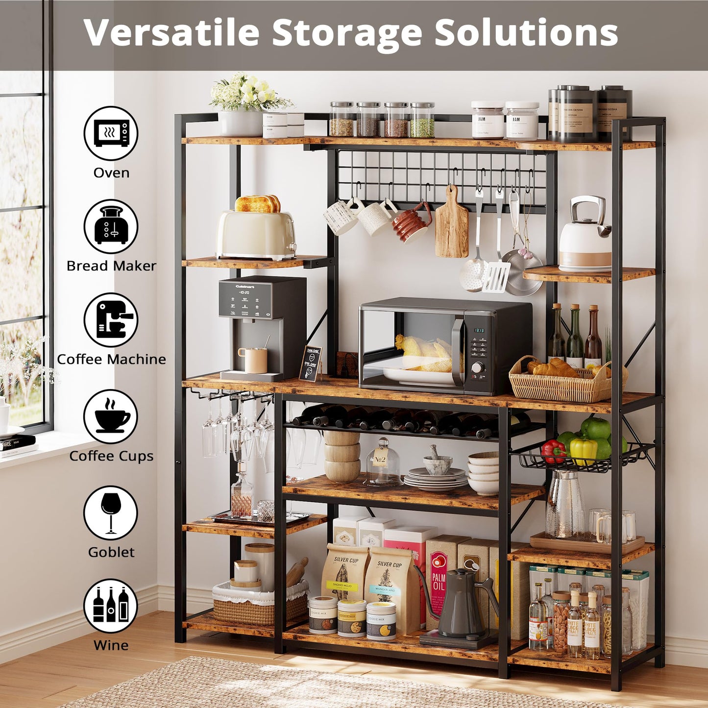 IRONCK Large Bakers Rack with Power Outlet, 62 Inch Wide Microwave Stand, Coffee Bar with Storage, Kitchen Racks and Shelves