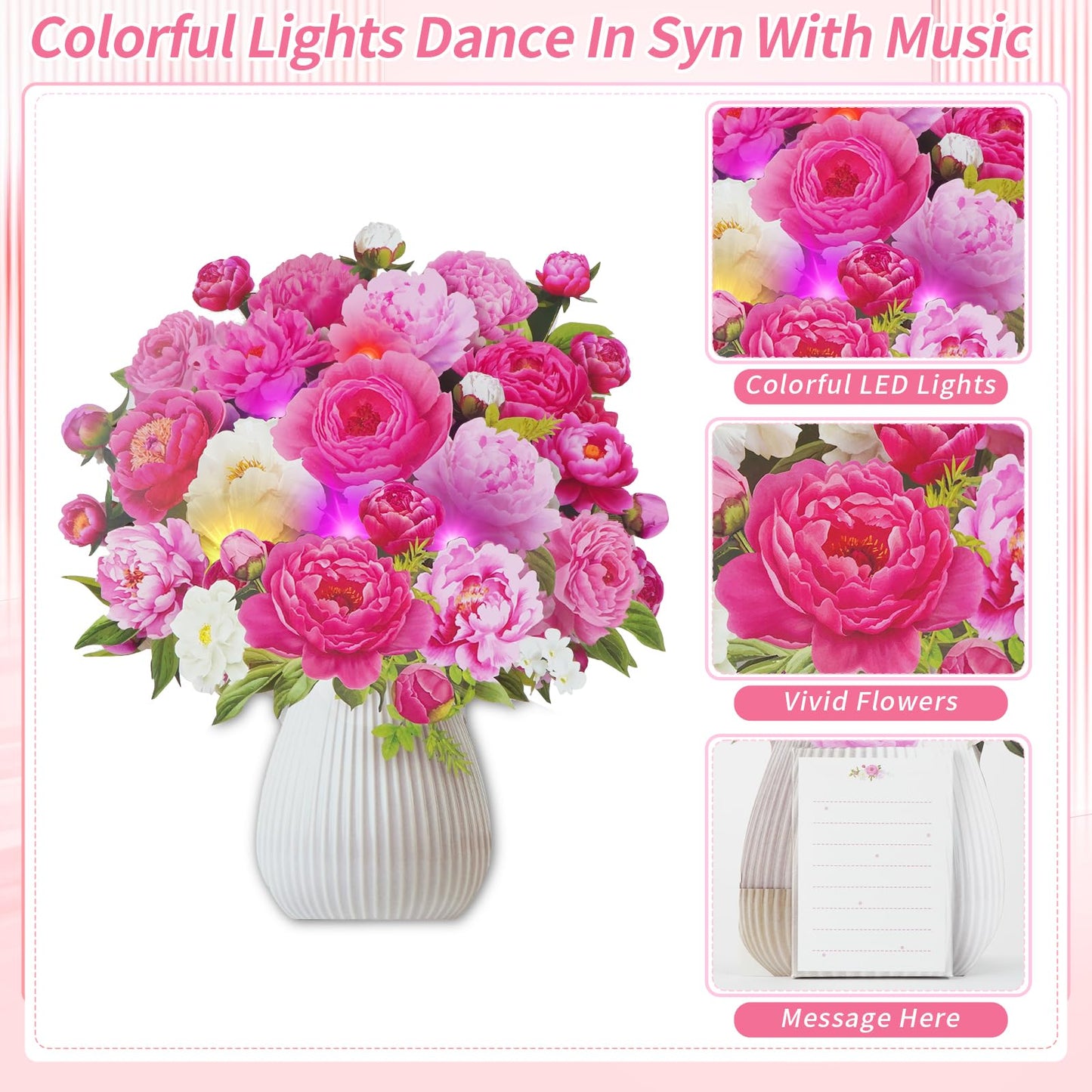 MZD8391 Mothers Day Card, Pop Up Birthday Cards with MUSIC & LIGHTS, Pink Penoy, 12 Inch Life Sized Forever Flower Bouquet Mother's Day Gifts for Women Mom Grandma
