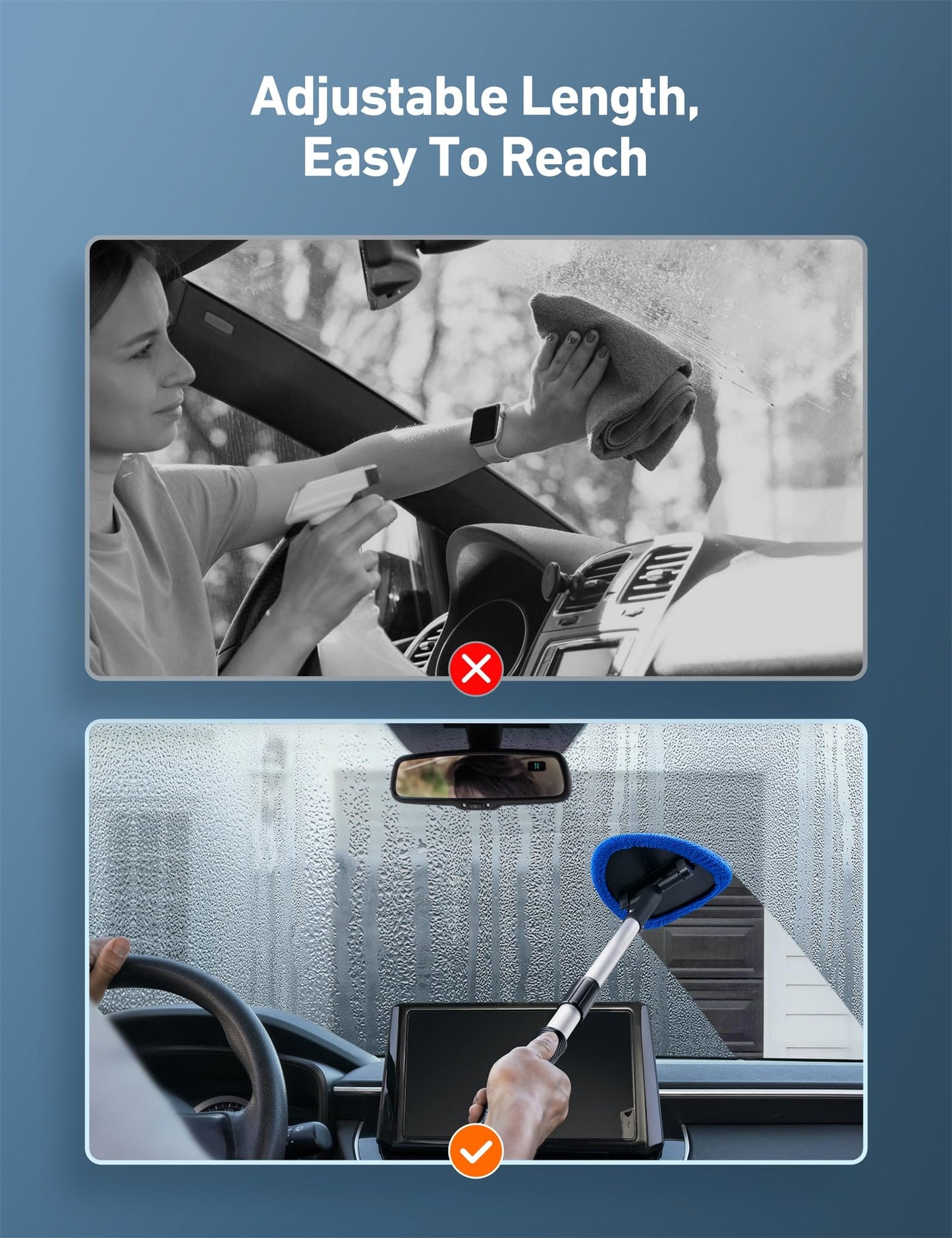 AstroAI Windshield Cleaner Tool, Car Interior Detailing Cleaning Kit with Extendable Handle and 4 Reusable Microfiber Pads, Auto Glass Wiper Brush Kit, Cars, Trucks, SUVs, Blue