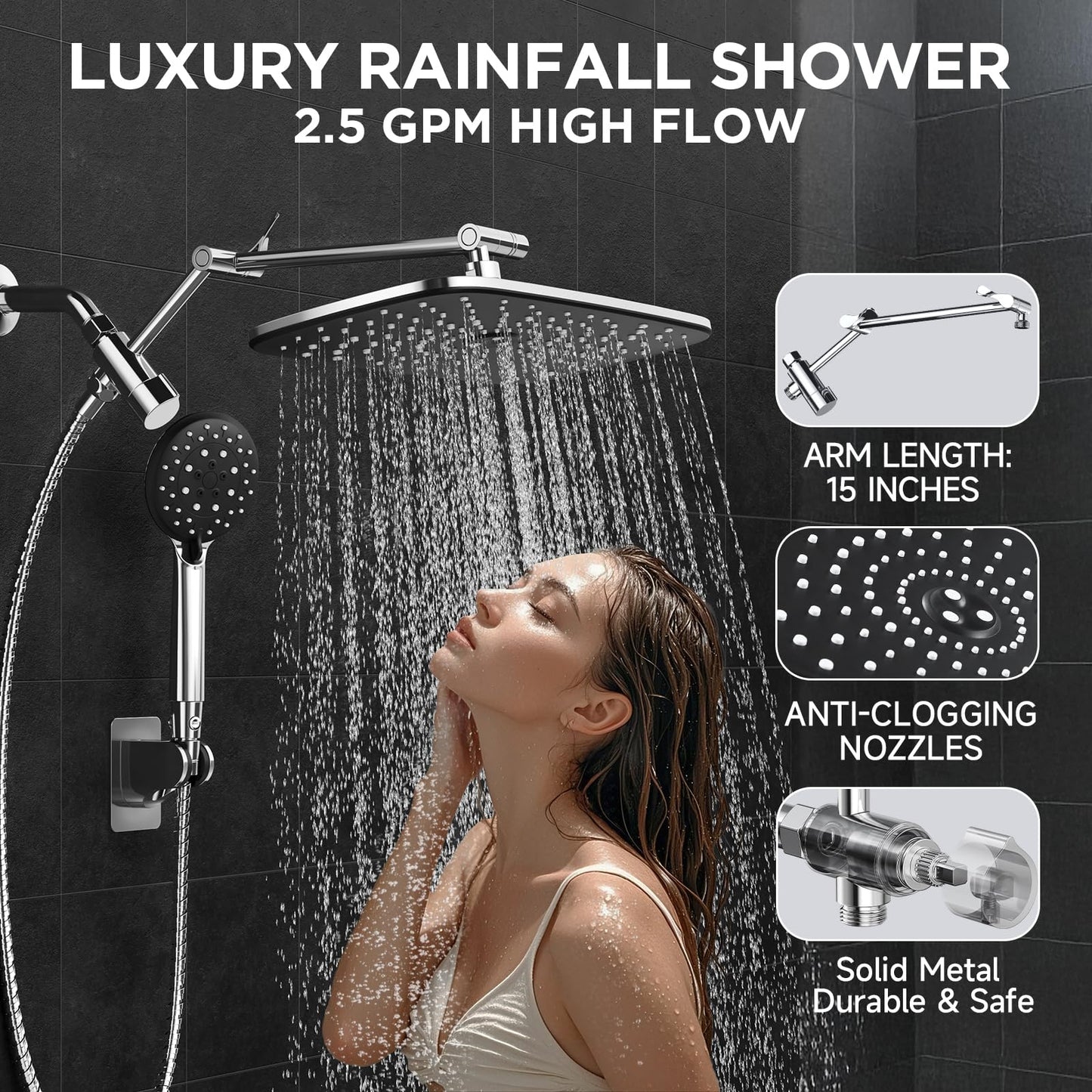 Veken Wide Rain Shower Head with 6 Modes Handheld Water Spray,High Pressure Showerhead Combo with Arm for Bathroom Accessories,Home Decor Adjustable Dual Shower with Anti-Clog Nozzles,Silver Chrome