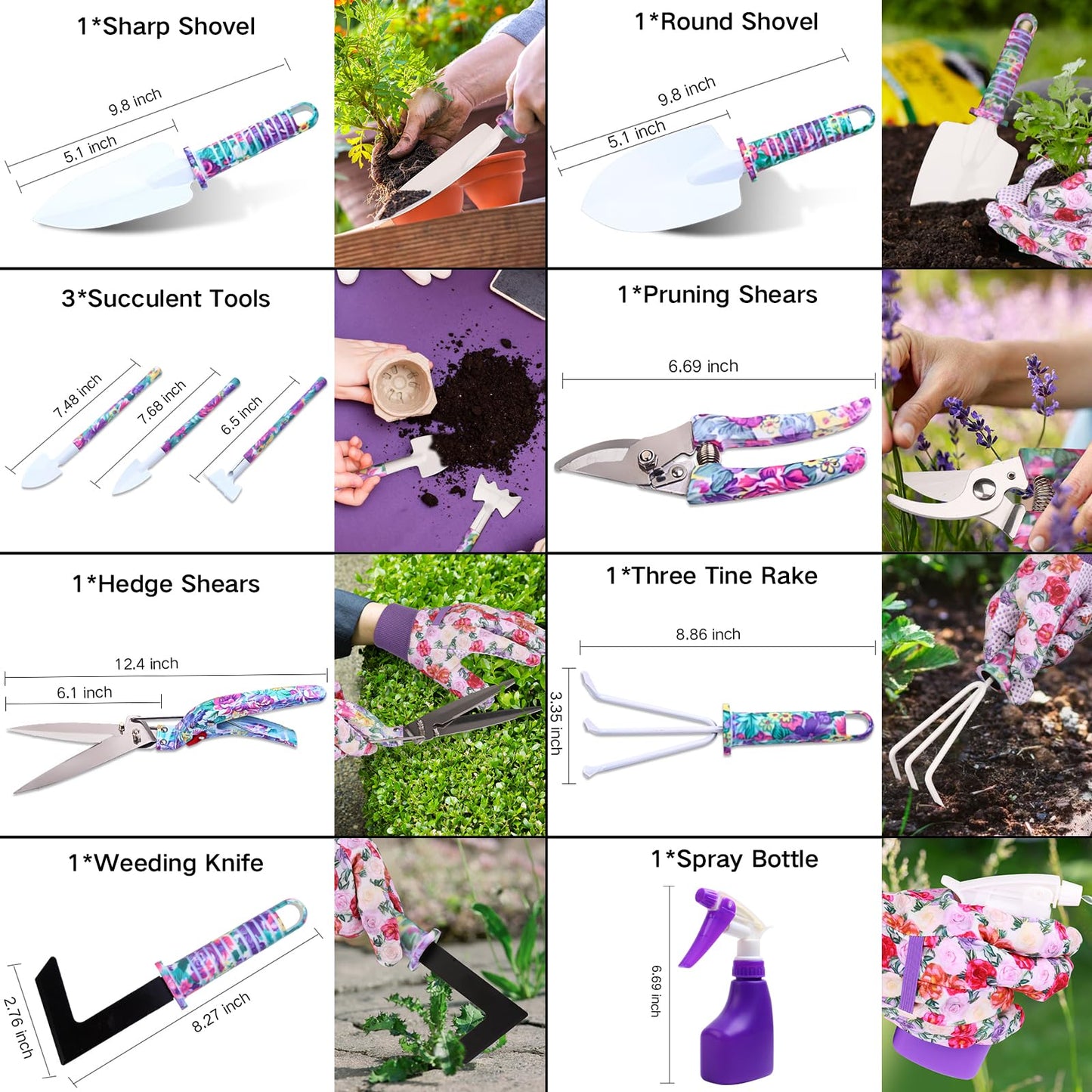 Garden Tools Set, JUMPHIGH 10 Pieces Gardening Tools with Floral Print, Ergonomic Handle Trowel Rake Weeder Pruner Shears Sprayer, Garden Hand Tools with Carrying Case Gardening Gifts for Women