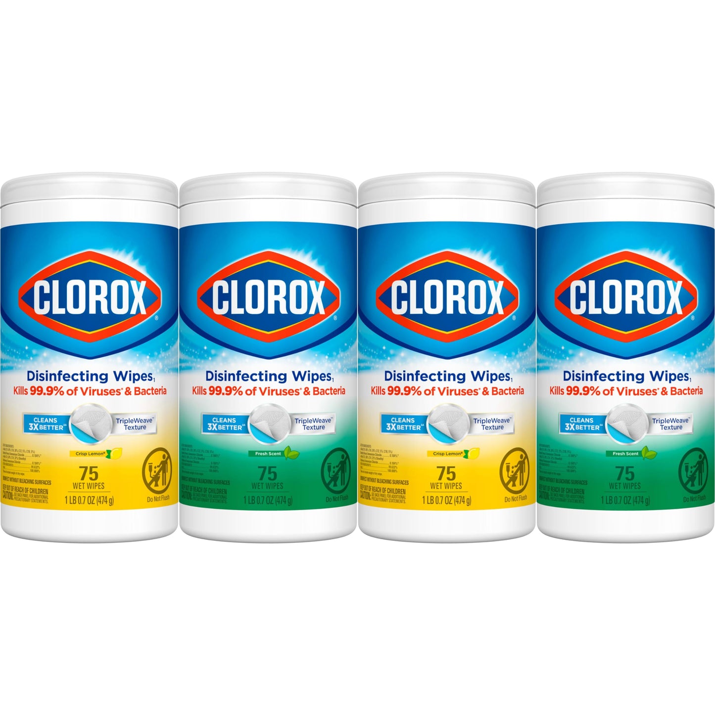 Clorox Disinfecting Wipes Value Pack, Bleach Free Cleaning Wipes, 75 Count Each, Pack of 4