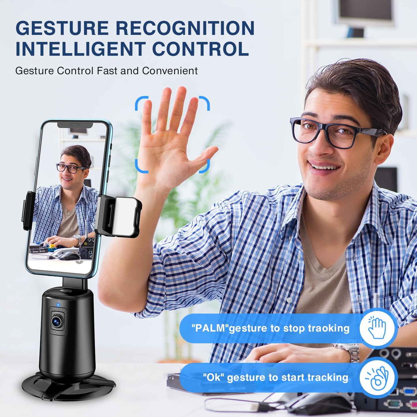 Auto Face Tracking Tripod 360° Rotating Auto Tracking Phone Stand, No App, Phone Camera Stand with Remote and Gesture Control, Rechargeable Smart Shooting Stand for Live Video Recording Tiktok(Black)