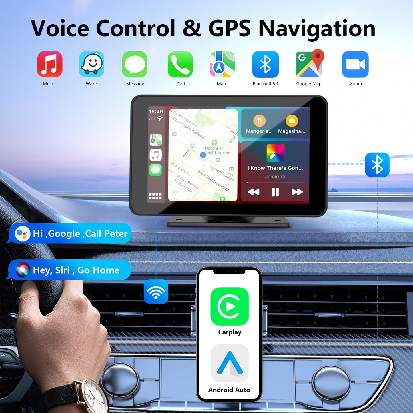 Apple Carplay Screen for Car, 7" HD Portable Car Stereo Touch Screen with Wireless Android Auto, Backup Camera, Car Audio Receivers with Voice Control, Mirror Link, Bluetooth, GPS Navigation