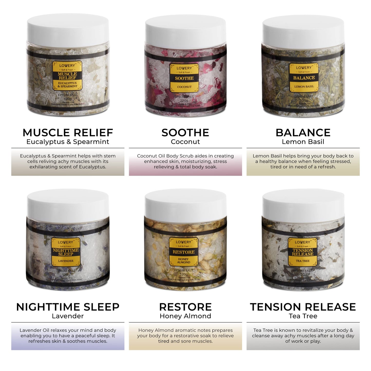Epsom Bath Salts Gift Set, Relaxing Spa Salt W/Essential Oils, Mothers Day Gifts for Mom, Wife - Lavender, Eucalyptus, Lemon Basil, Coconut, Tea Tree, Honey Almond Salt, Self Care Gifts for Women