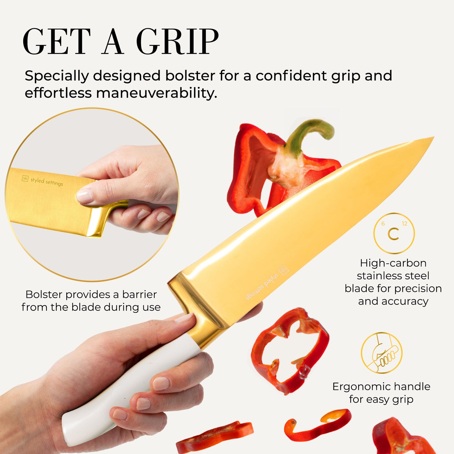 Gold Knife Set with Block Self-Sharpening – 14-Piece Titanium Coated Gold and Off-White Kitchen Knives with White Block and Built-In Sharpener – Stylish Luxury Kitchen Accessories and Decor