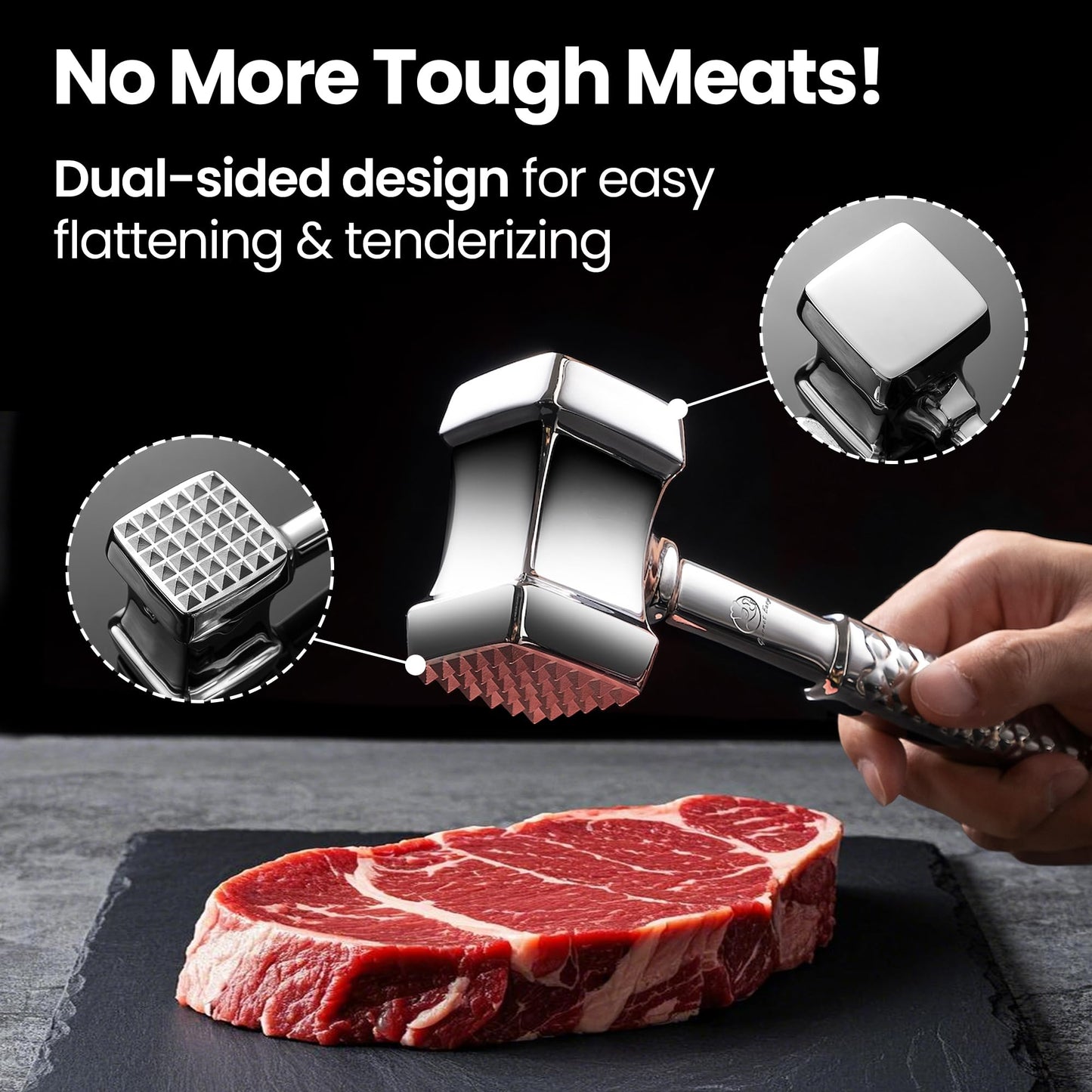 Meat Tenderizer Mallet Stainless Steel, Premium Meat Hammer Tenderizer, Kitchen Mallet for Chicken, Conch, Veal Cutlets & Beef, Steak Pounder Flattener, Non-Slip Grip with 5 years Warranty