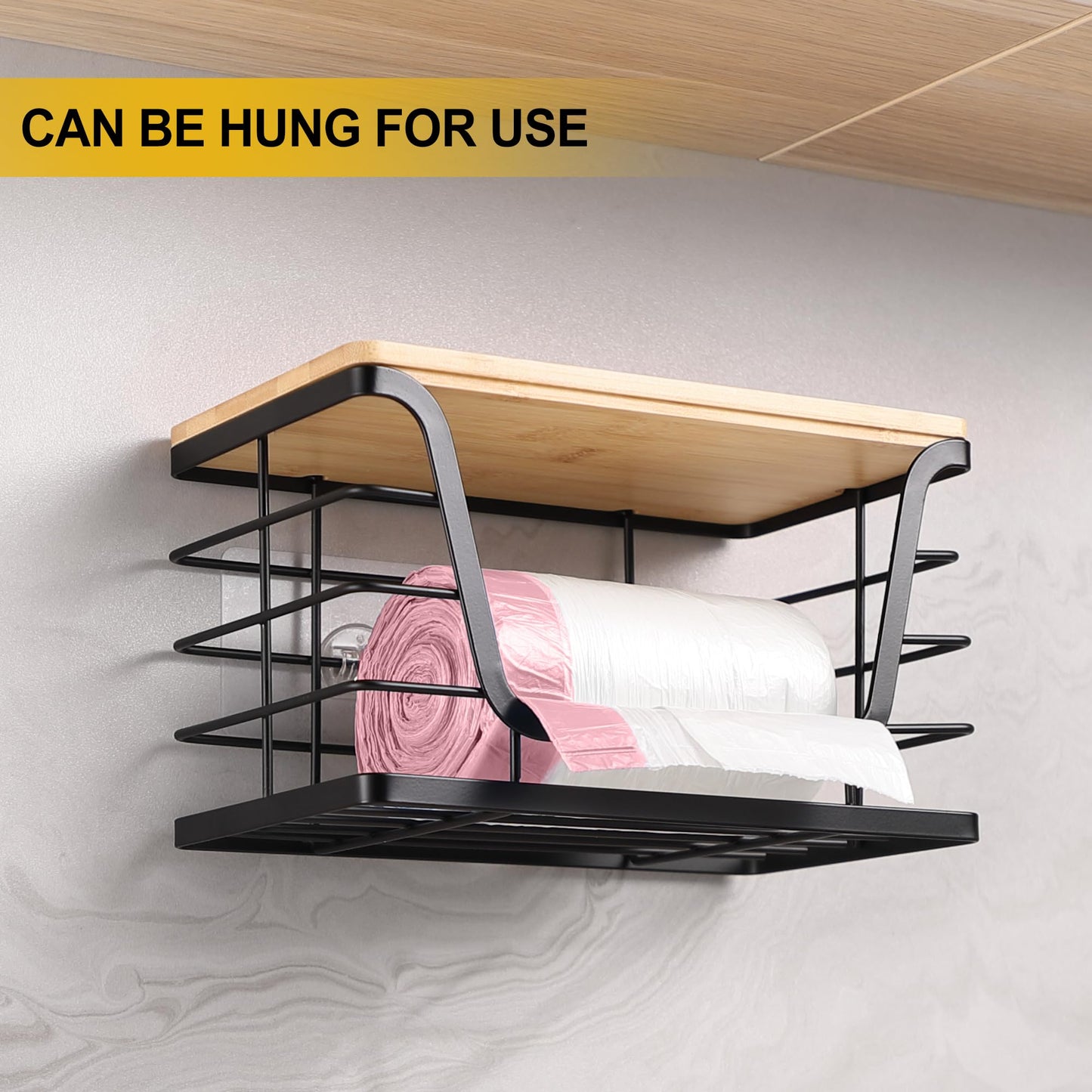 ALOCEO 2 Pack Storage Stackable Kitchen Laundry Organizers with Bamboo Top, Wall Mount Large Trash Bag Holder and Standard Garbage Bag Dispenser
