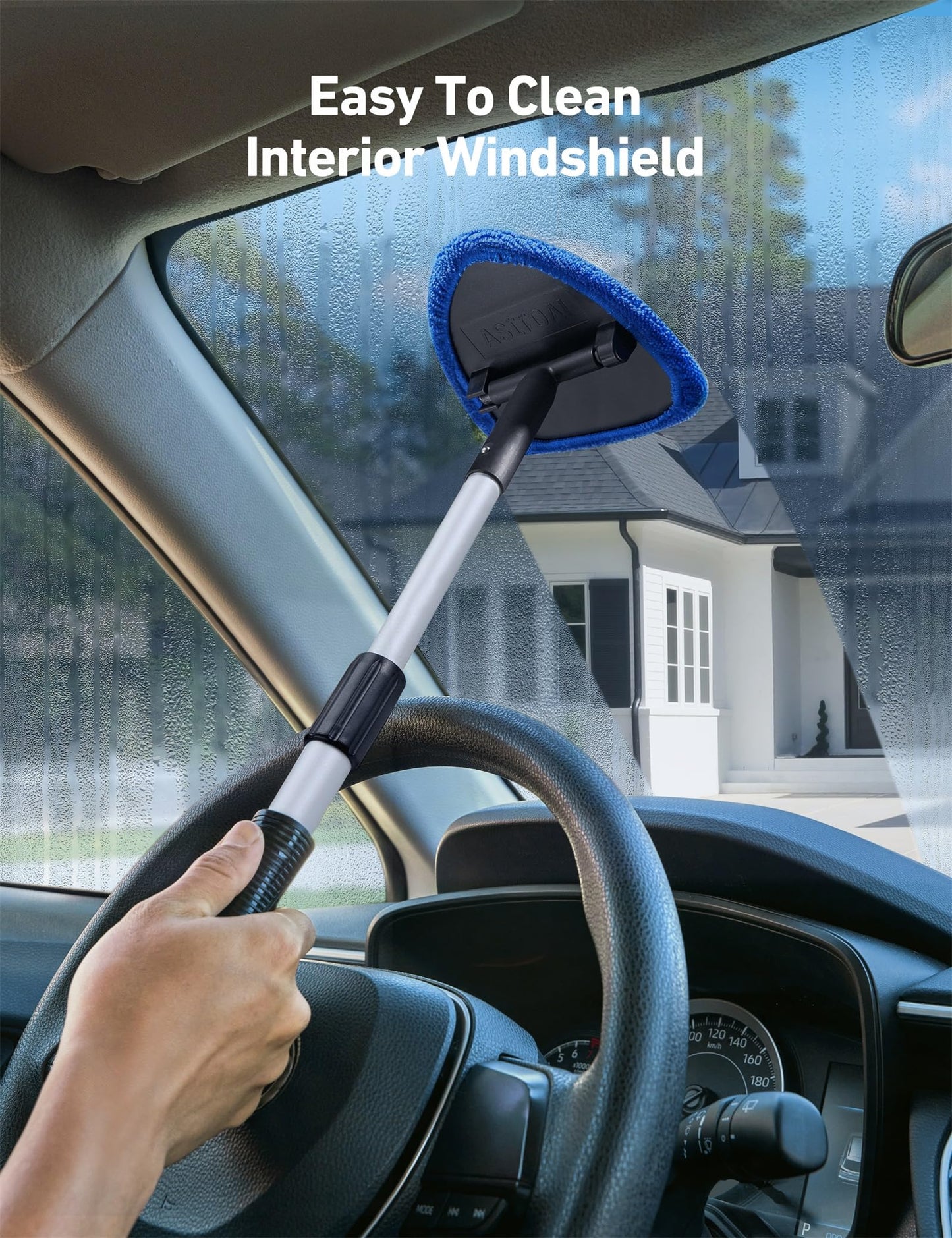 AstroAI Windshield Cleaner Tool, Car Interior Detailing Cleaning Kit with Extendable Handle and 4 Reusable Microfiber Pads, Auto Glass Wiper Brush Kit, Cars, Trucks, SUVs, Blue
