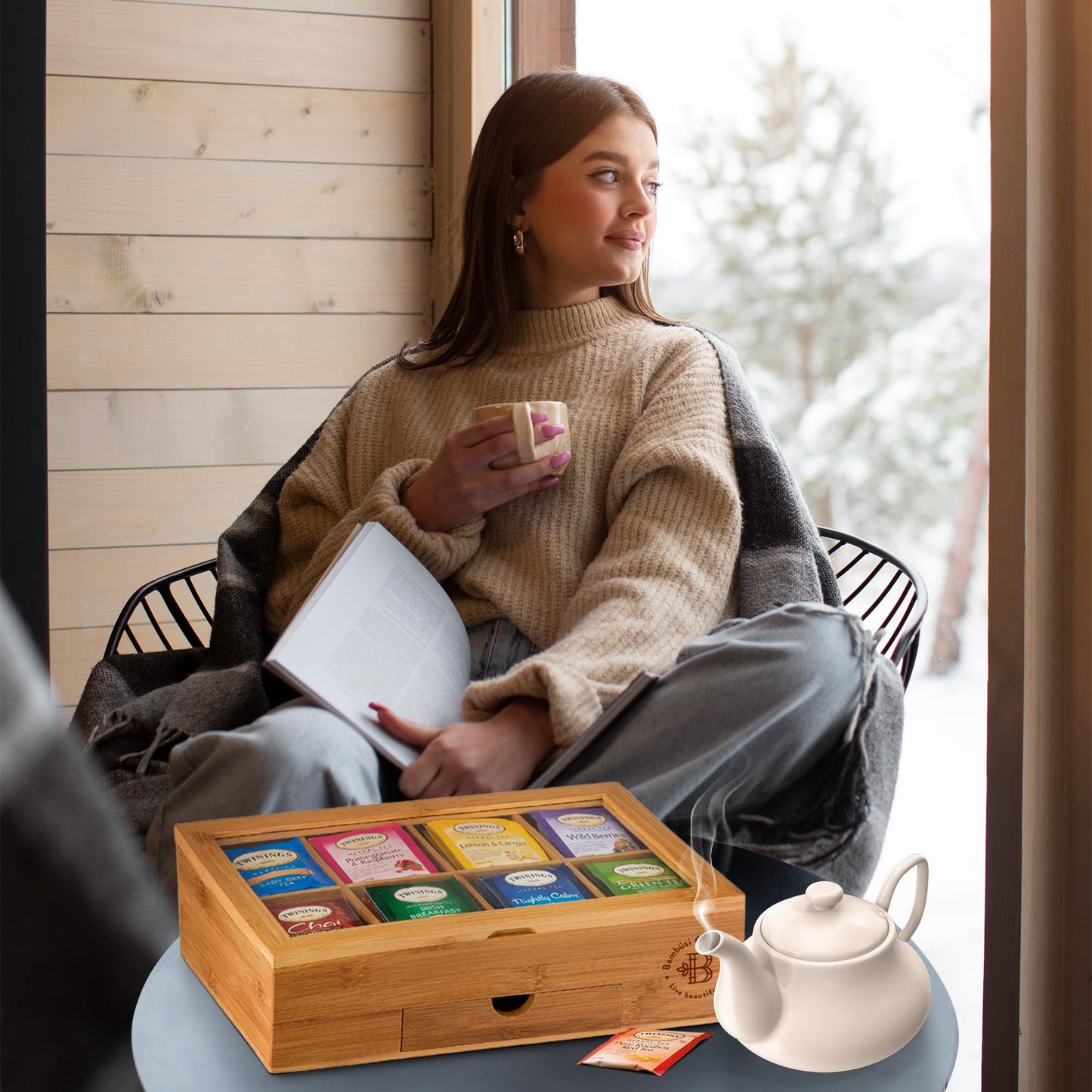 Bamboo Tea Bag Organizer Storage Box with Drawer & Acrylic Window - Magnetic Lid Keeps Contents Fresh - Ideal Mothers Day Gifts for Mom - Gift Caddy (Tea Not Included)
