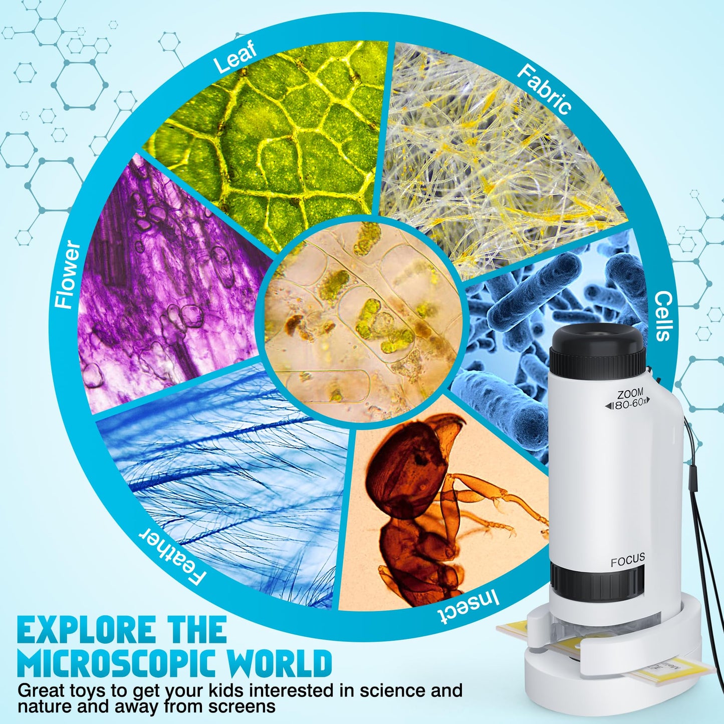 Portable Microscope for Kids Zoom 60x-180x,Handheld Mini Microscope STEM & Science Toys,LED Pocket Little Scientist Microscopes with 12pcs Slides,Gifts for 6,7,8,9,10+ Girls Boys(Blue&White)