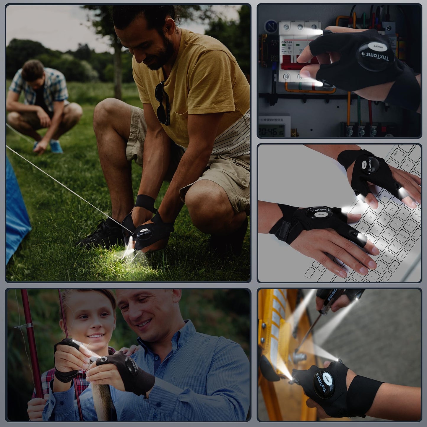 ThxToms LED Flashlight Gloves,Father Gifts for Men Him,Christmas Birthday Gifts for Dad Father Husband, Cool Gadgets Tools for Repairing Fishing Camping, 1 Pair Black