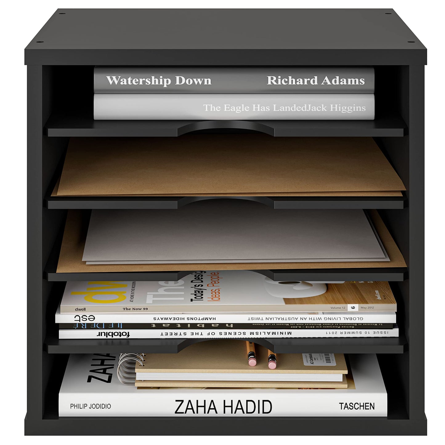 Ballucci File Organizer Paper Sorter, 5 Tier Adjustable Shelves Office Desk Organizer, 13 5/8" x 9 1/4" x 12", Black