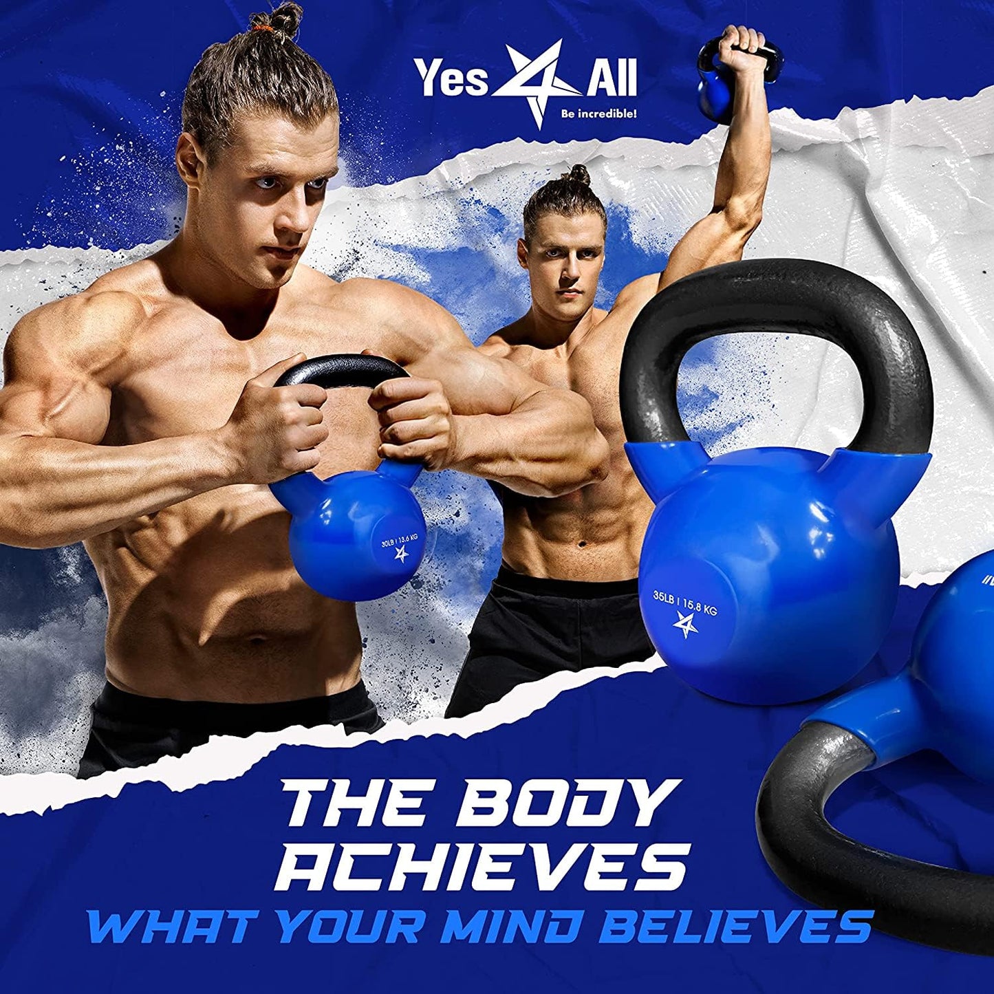 Yes4All 15 lb Kettlebell Weight Vinyl Coated Cast Iron for Dumbbell Weights Exercises, Gym, Fitness, Full Body Workout Equipment Push up, Grip and Strength Training, Blue