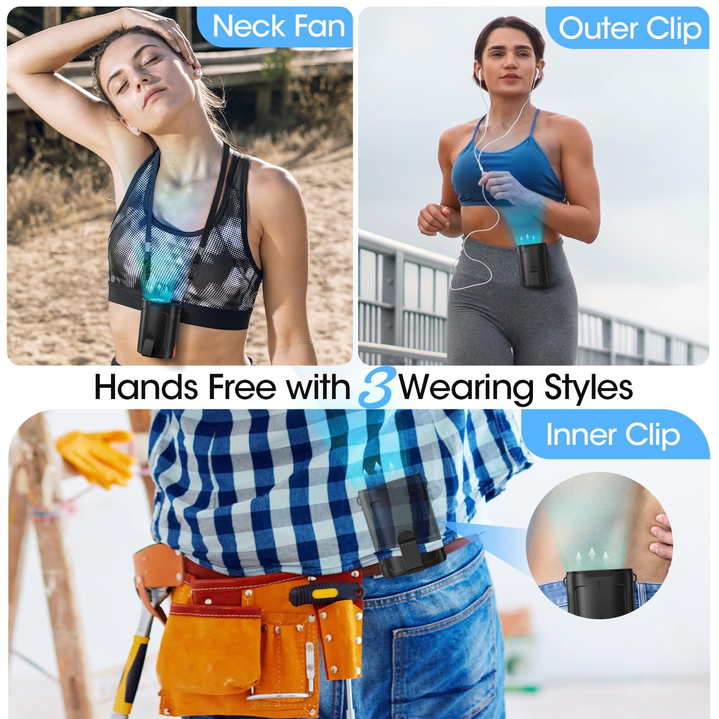 2025 AI Portable Fan Rechargeable, 4 Speeds 6600RPM Strong Airflow, Personal Waist Fan with up to 25H of Working Time, Hands-Free Hanging Neck Fan, Wearable Belt Fan for Camping, Outdoor, Jobsite