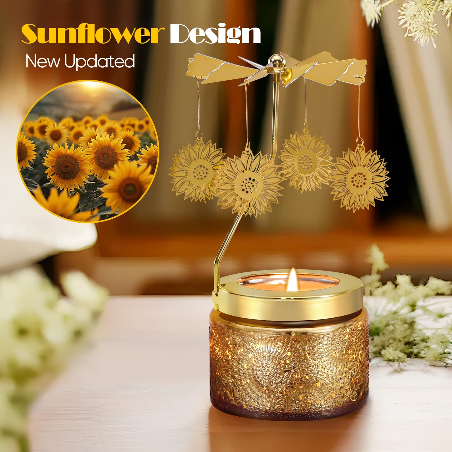 Mothers Day Gifts for Mom, Sunflowers Candle Gift for Women, Funny Birthday Gifts for Mom, Grandma, Rotating Scented Candles Gift for Sisters Friend, Anniversary Present for Her Wife Girlfriend