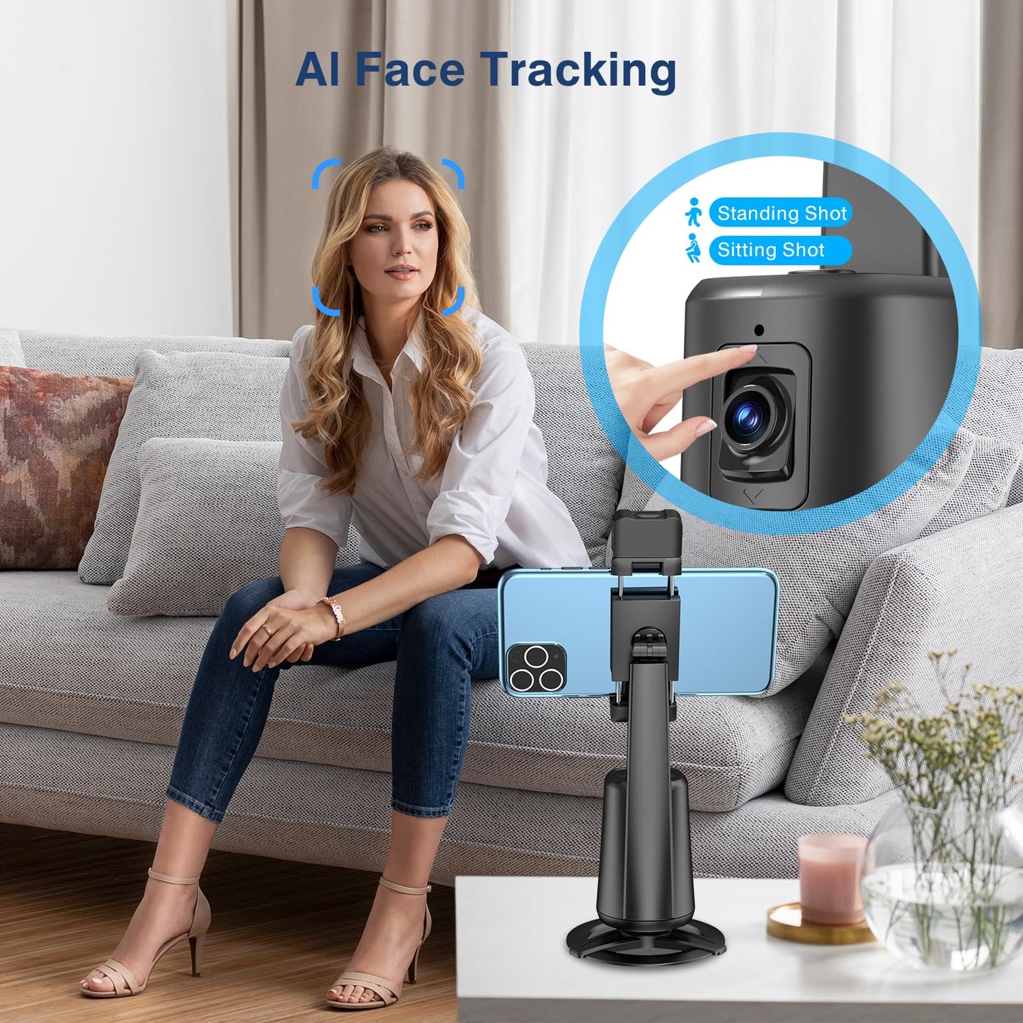 Auto Face Tracking Tripod 360° Rotating Auto Tracking Phone Stand, No App, Phone Camera Stand with Remote and Gesture Control, Rechargeable Smart Shooting Stand for Live Video Recording Tiktok(Black)