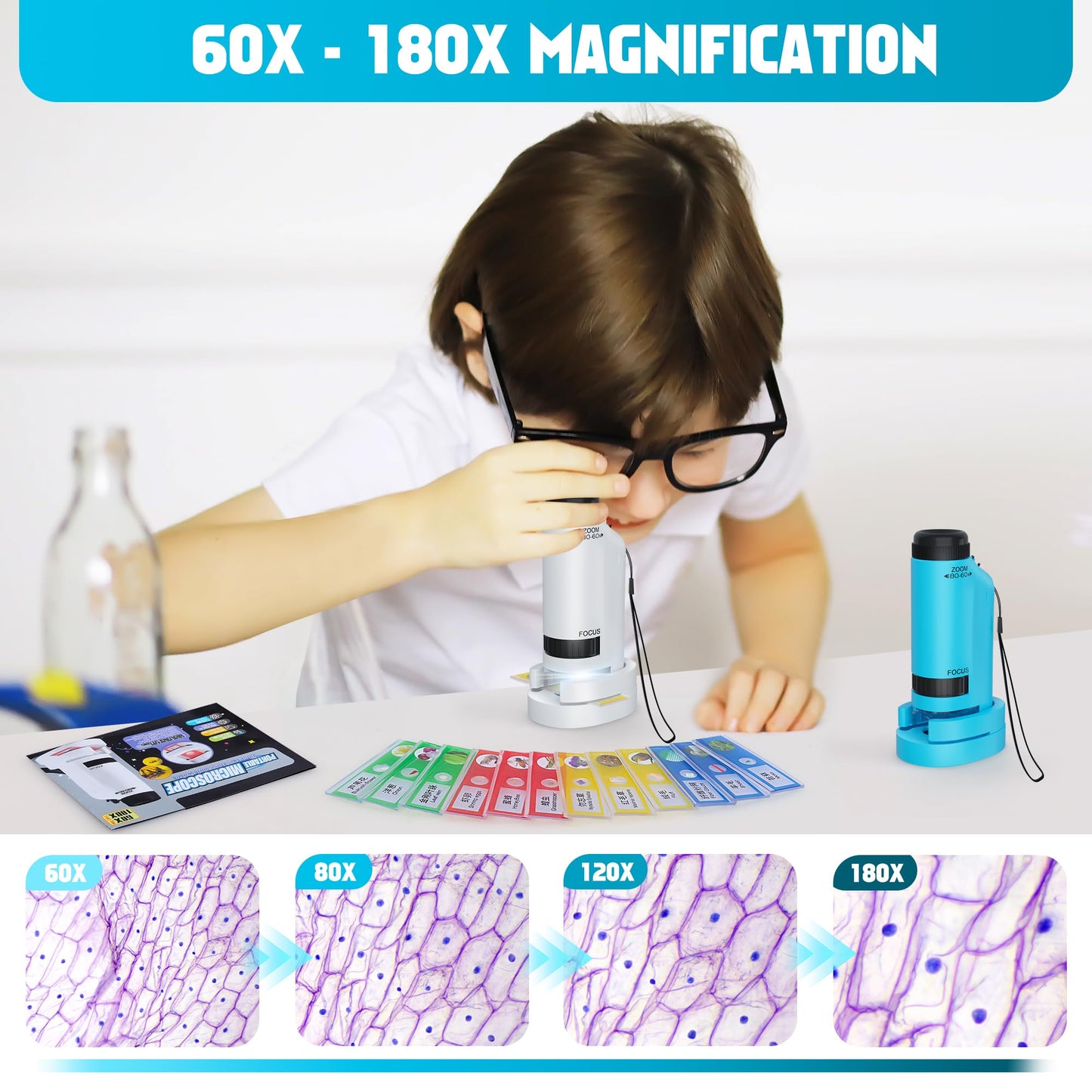 Portable Microscope for Kids Zoom 60x-180x,Handheld Mini Microscope STEM & Science Toys,LED Pocket Little Scientist Microscopes with 12pcs Slides,Gifts for 6,7,8,9,10+ Girls Boys(Blue&White)