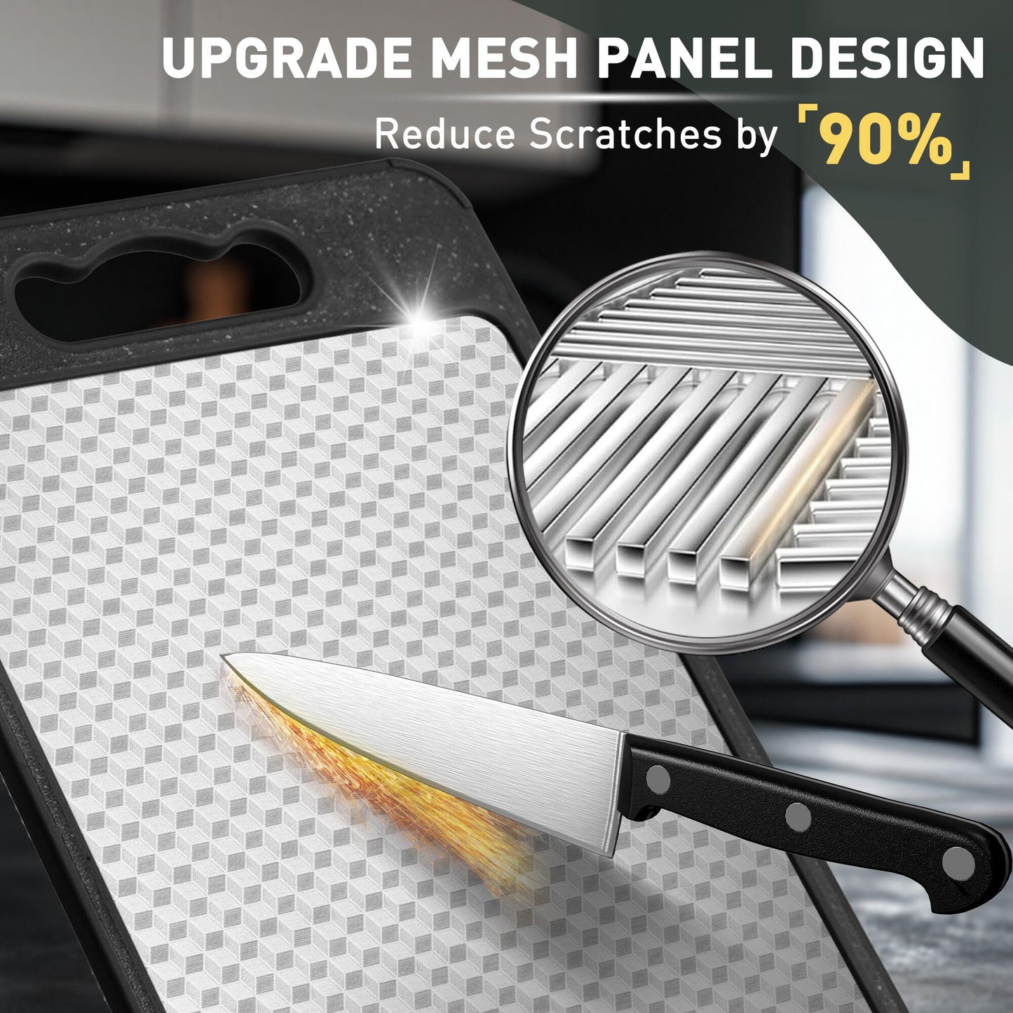 2 in 1 Stainless Steel Cutting Board with Handle Best Non-toxic Chopping Large Metal Meat Butcher Block Mesh Design Madera Glass Marble Kitchen Tablas Cocina Cortar Picar Regalos Mujer Mama Abuela