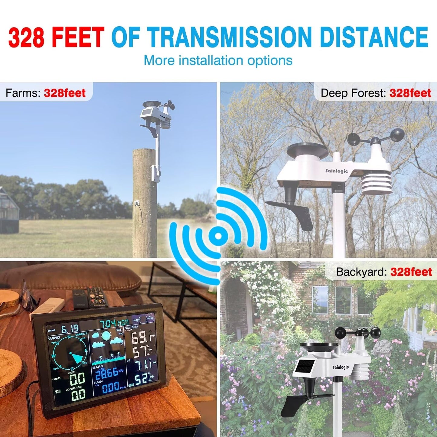 Sainlogic Wireless Weather Station with Outdoor Sensor, 8-in-1 Weather Station with Weather Forecast, Temperature, Air Pressure, Humidity, Wind Gauge, Rain Gauge, Moon Phrase, Alarm Clock (No WiFi)