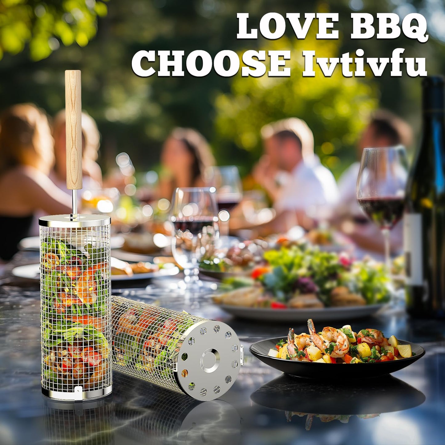 Rolling Grill Basket(2PCS), Removable Wooden Handle, 304 Stainless Steel, Nesting Grilling Net, BBQ Accessories Tool for Vegetable Shrimp, Outdoor Cooking Camping, Birthday Gifts for Men Dad Husband