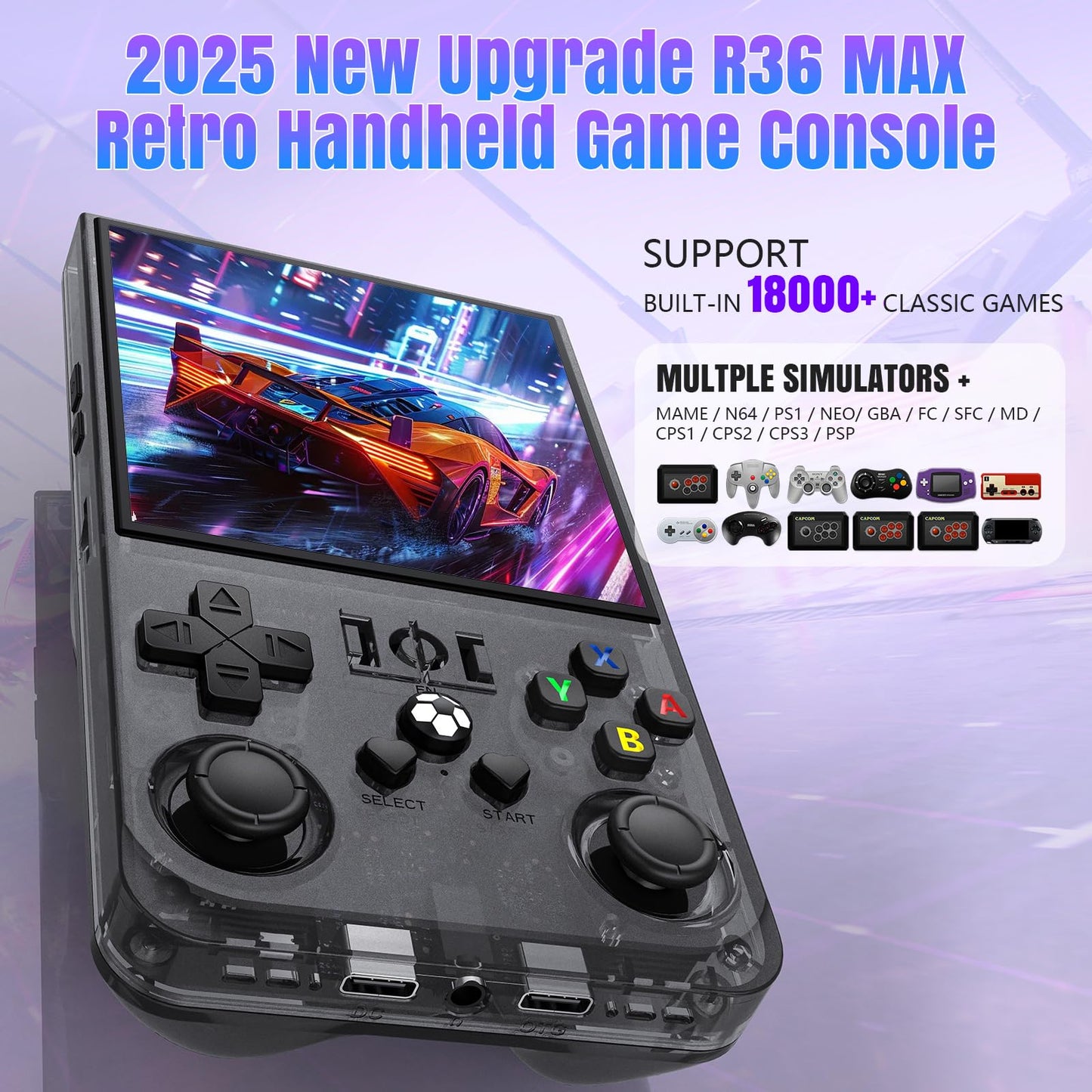 2025 New Upgrade R36MAX Retro Handheld Game Console with 64G Built-in 18000+ Classic Games, Portable Hand Held Open Source Linux System 4.0-in 4k HD IPS Screen Video Player (Black 64GB)