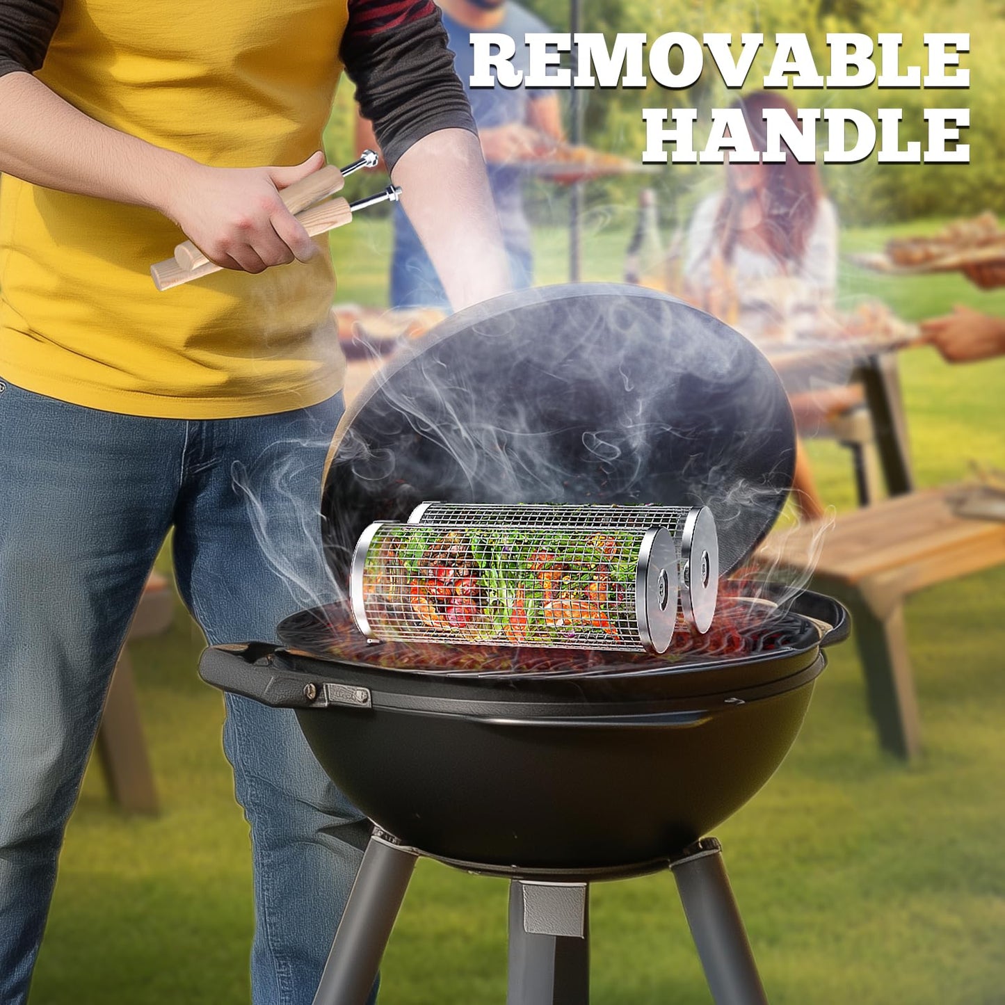 Rolling Grill Basket(2PCS), Removable Wooden Handle, 304 Stainless Steel, Nesting Grilling Net, BBQ Accessories Tool for Vegetable Shrimp, Outdoor Cooking Camping, Birthday Gifts for Men Dad Husband