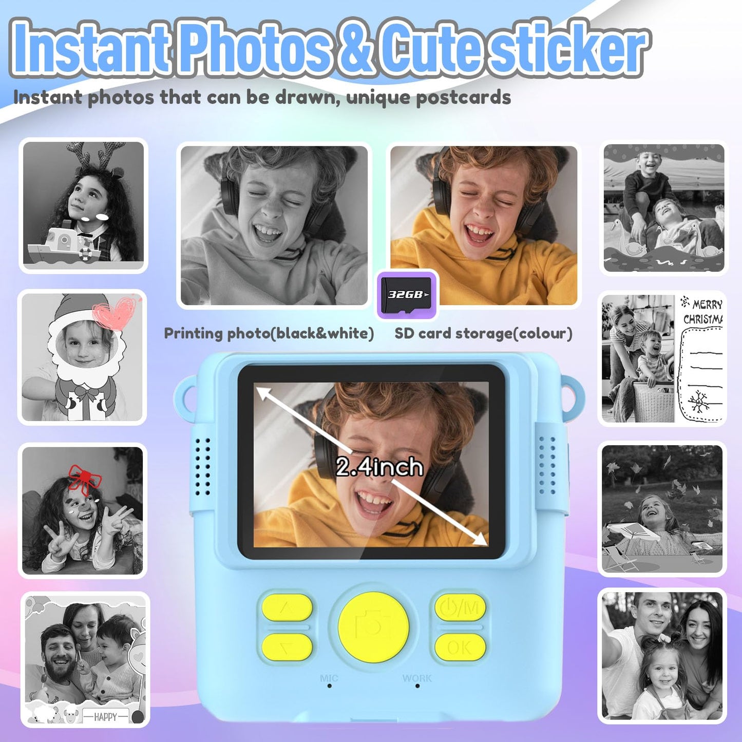 ESOXOFFORE Kids Camera Instant Print, Christmas Birthday Gifts for Kids Age 3-12, Selfie Digital Camera with 1080P Videos,Toddler Portable Travel Camera Toy for 4 5 6 7 8 9 Year Old Boys Girls-Blue