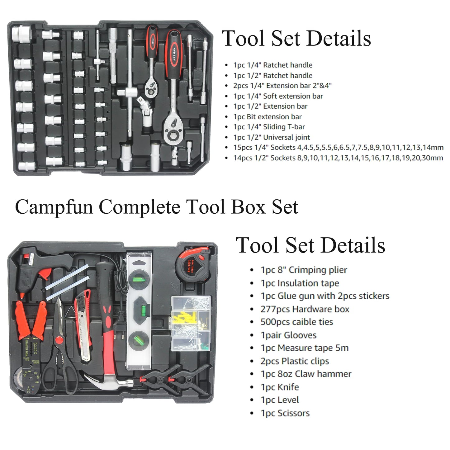 Campfun 899PCS Tool Set, Household Tool Kit with Rolling Tool Box, Complete Tool Box Set Hand Tool Set with Tool Box, Mechanic Tool Set Rolling Tool Set for Home/Auto Repair Tool Set, Black