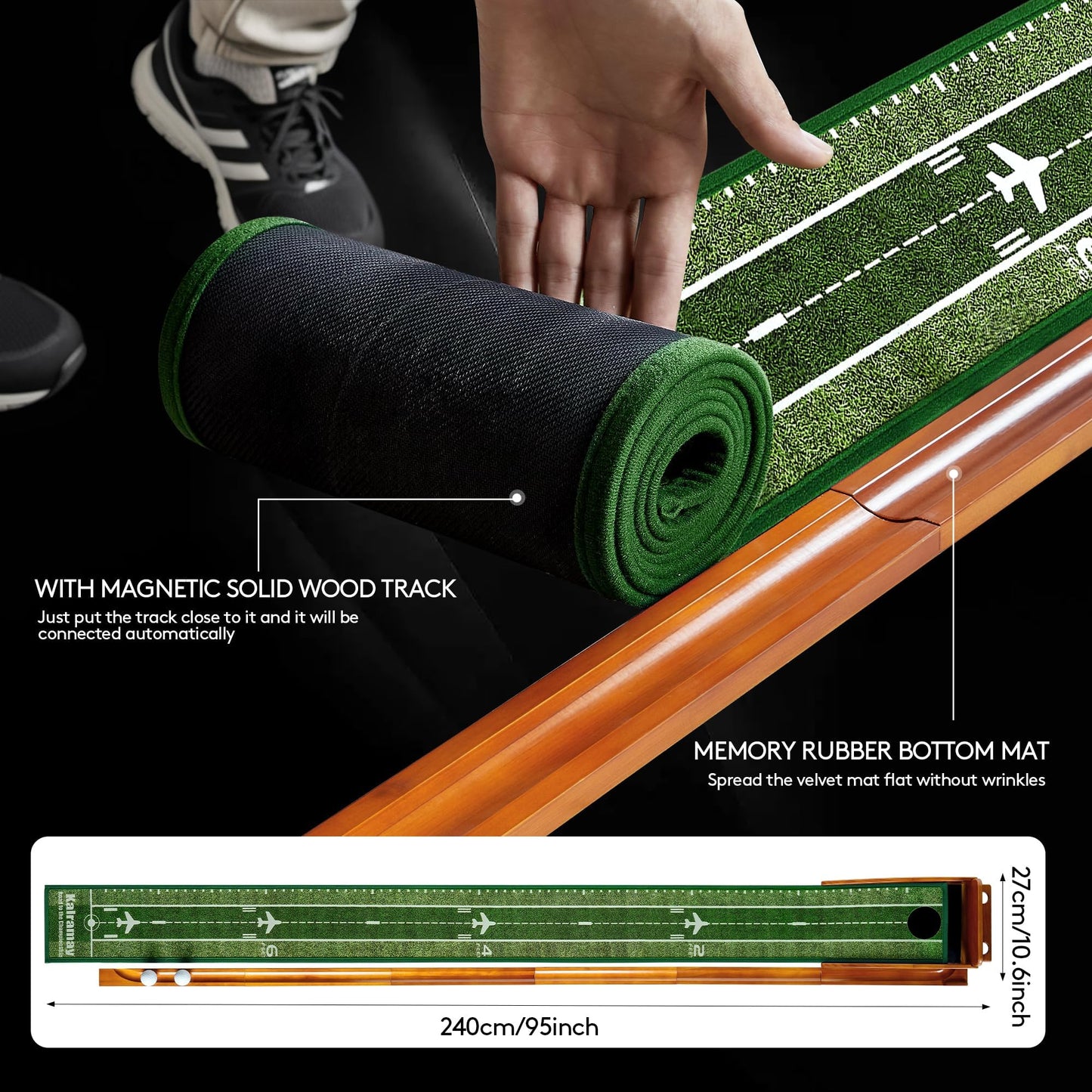 Kalramay Putting Green Indoor Golf Putting Mat – Easy to Assemble with Automatic Ball Return, Wrinkle-Free Close to Real Green Speed, Suitable for Office, Recreation Room, Patio – Ideal Gift