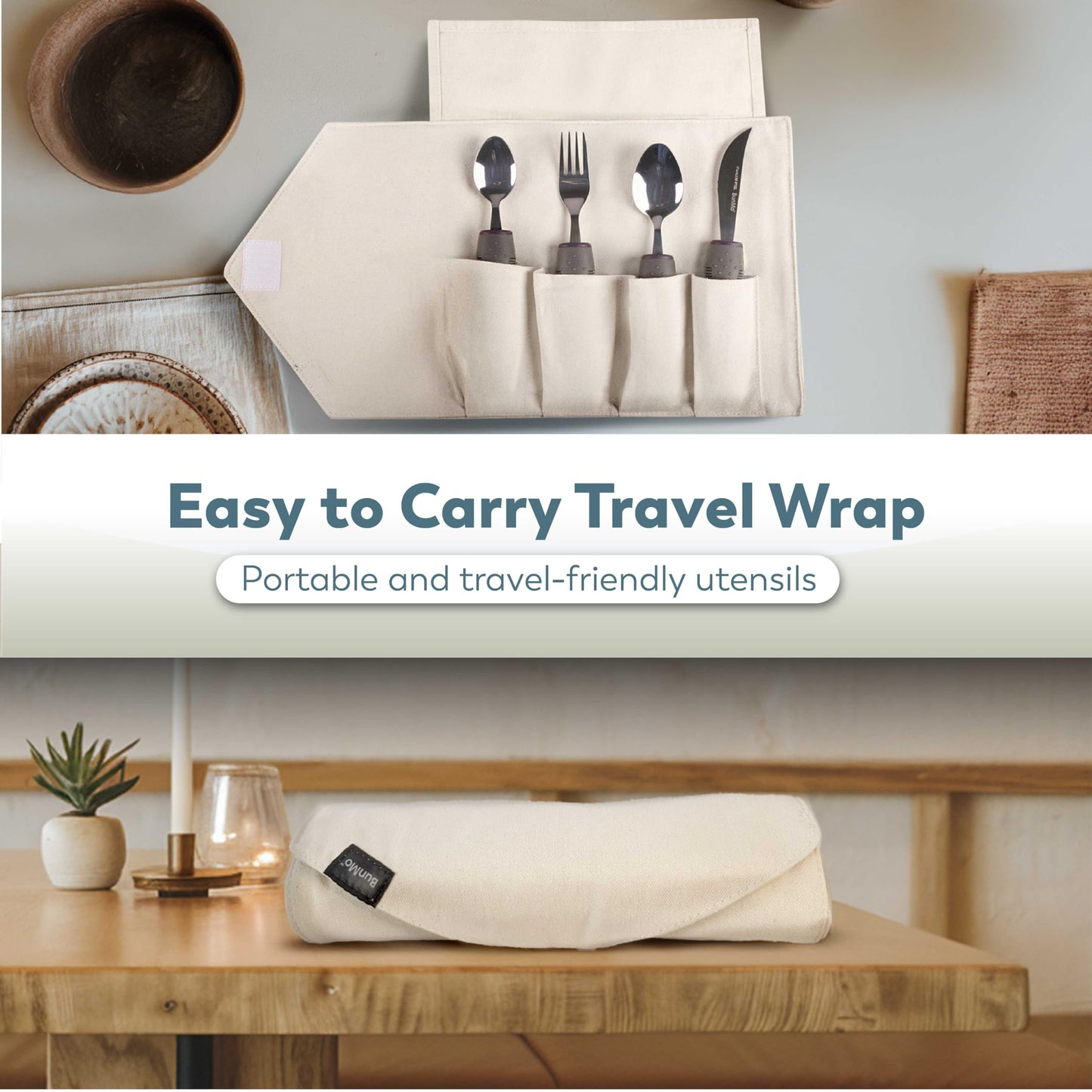BUNMO Utensils for Elderly, Arthritis, Weak Hand Grip, Tremors & Handicapped - Convenient Travel Pouch - 2.6oz Lightweight - Stainless Steel - Eat Independently - Adaptive Gray 4 Piece Set