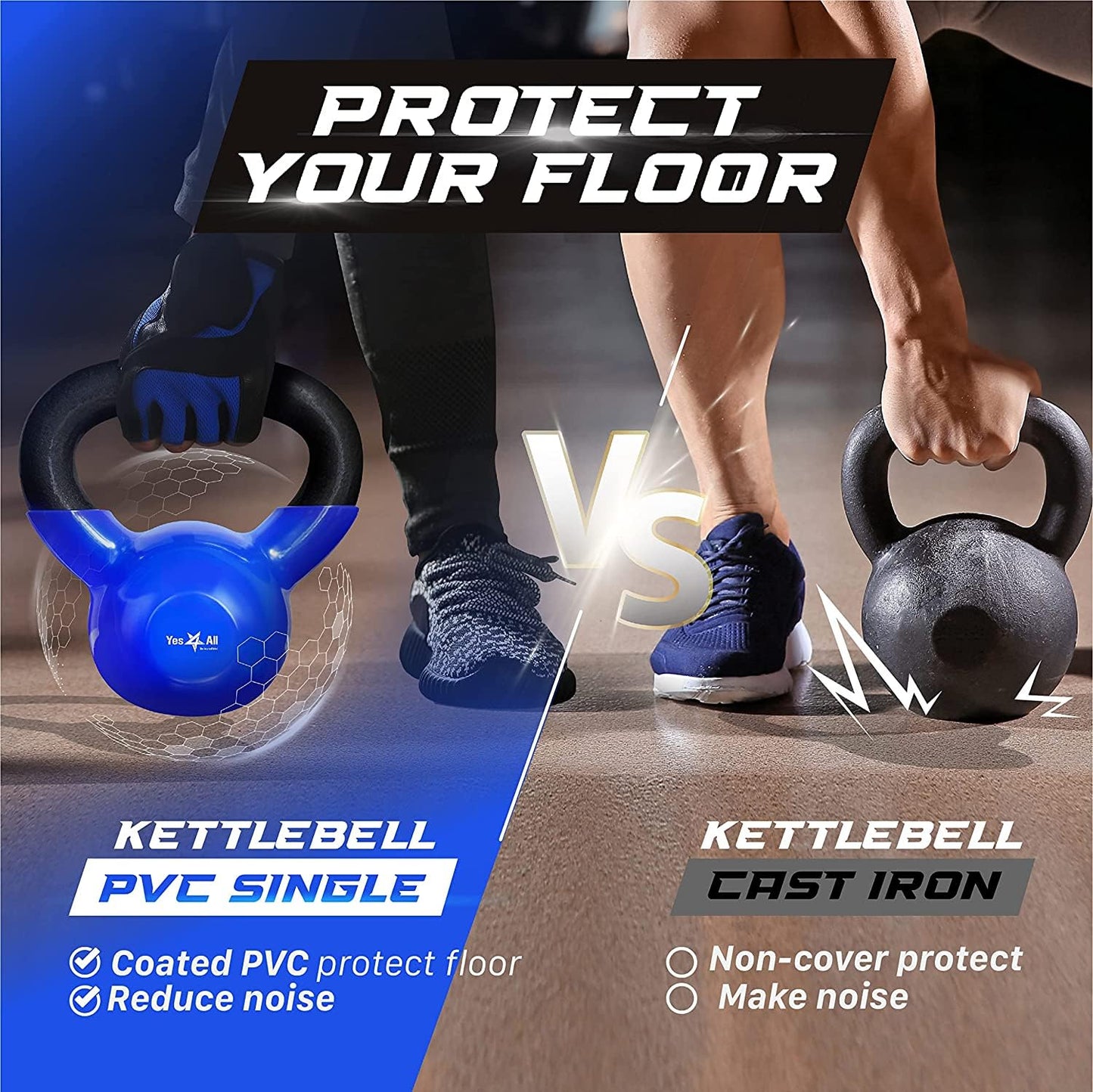 Yes4All 15 lb Kettlebell Weight Vinyl Coated Cast Iron for Dumbbell Weights Exercises, Gym, Fitness, Full Body Workout Equipment Push up, Grip and Strength Training, Blue