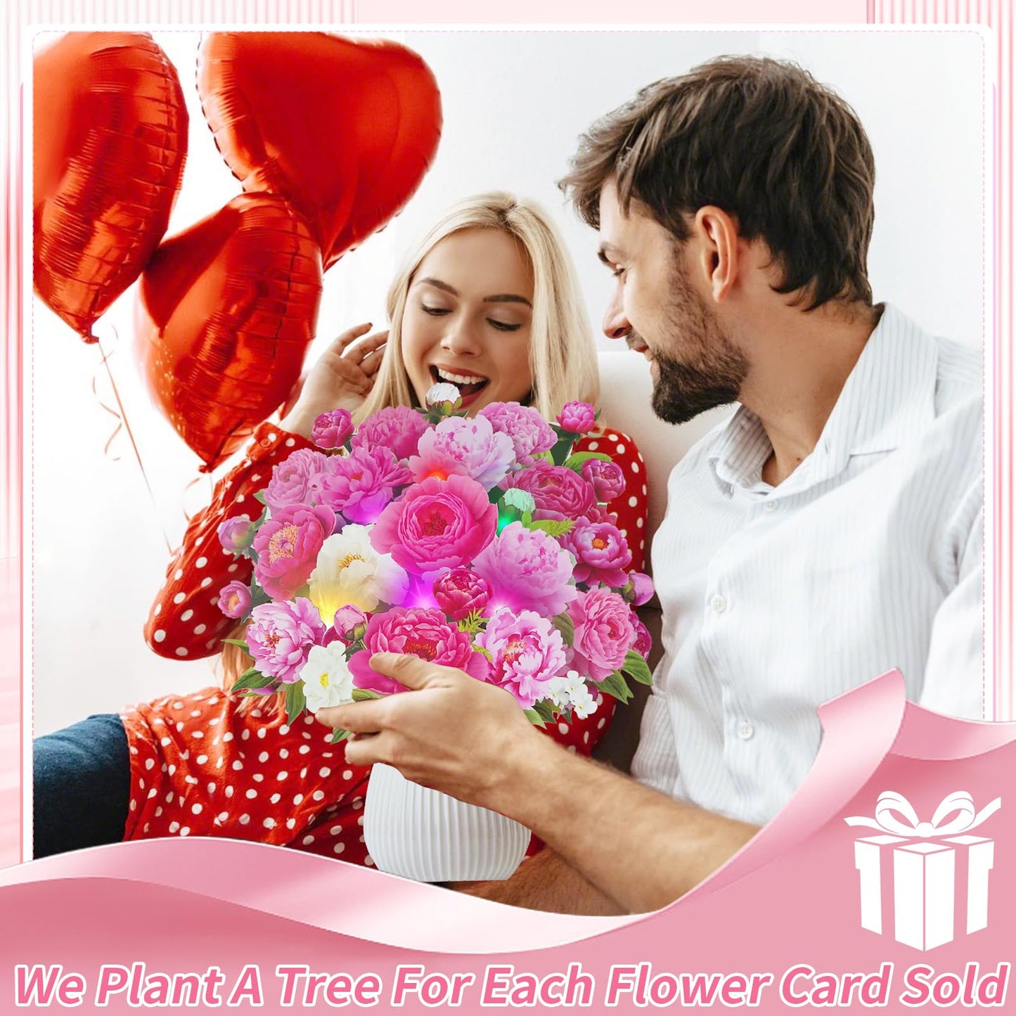 MZD8391 Mothers Day Card, Pop Up Birthday Cards with MUSIC & LIGHTS, Pink Penoy, 12 Inch Life Sized Forever Flower Bouquet Mother's Day Gifts for Women Mom Grandma