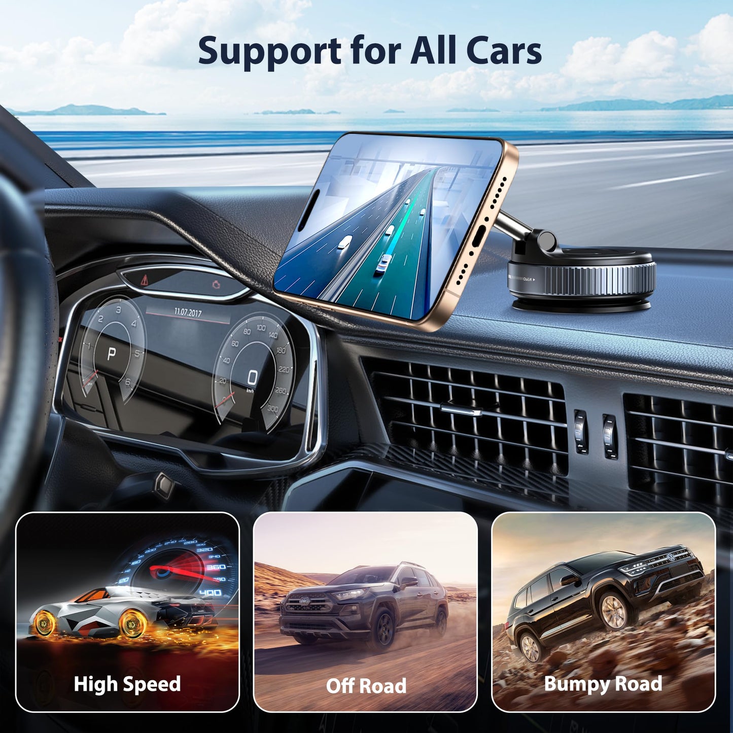 CreaDream Car Phone Mount for Magsafe, Ultra Strong Vacuum Magnetic Suction Cup Cell Phone Holder with 360° Rotation, Foldable Phone Holders for Your Car, Car Accessories for All Smartphones(Black)