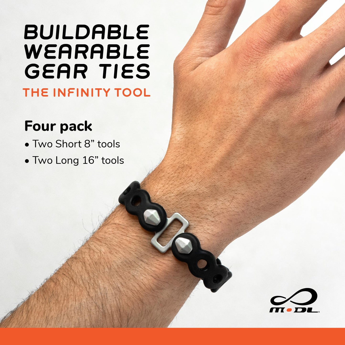 MODL Infinity Tool™ 2.0 Modular Straps (4-Pack) - Flexible Multi-Tool, Utility Bracelet, Gear Strap, Wearable Gadget for Outdoor Adventure, Survival, Camping, Travel, EDC (Black)