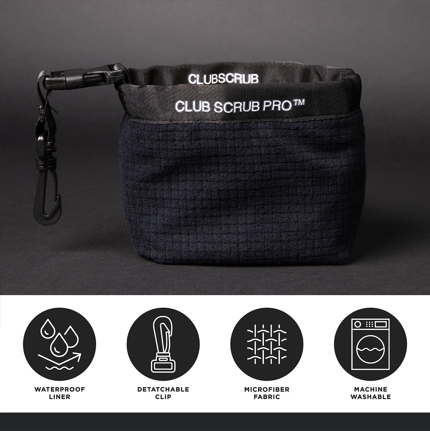 Club Scrub Pro Golf Club and Golf Ball Cleaning Bag, Waterproof Clean Face Technology Liner, Perfectly Dry Microfiber Exterior, Detachable Clip, Machine Washable, Cleans Club Grooves, Black Pro