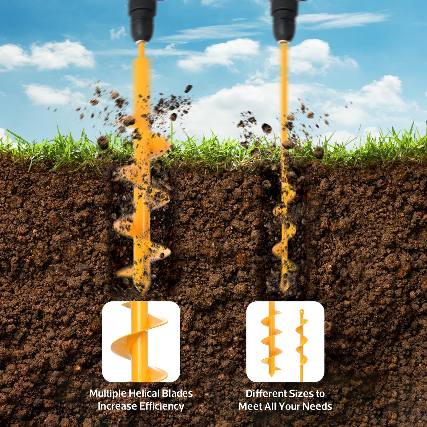 NAFOGAR Garden Auger Drill Bit for Planting - Pack of (2) - 1.6 x 16.5 Inch & 3.5 x 16 Inch, Ground Spiral Drill Bit & Bulb Planter Tool, Bedding Plants, Umbrella Holes- Fit with 3/8" Hex Drive Drill