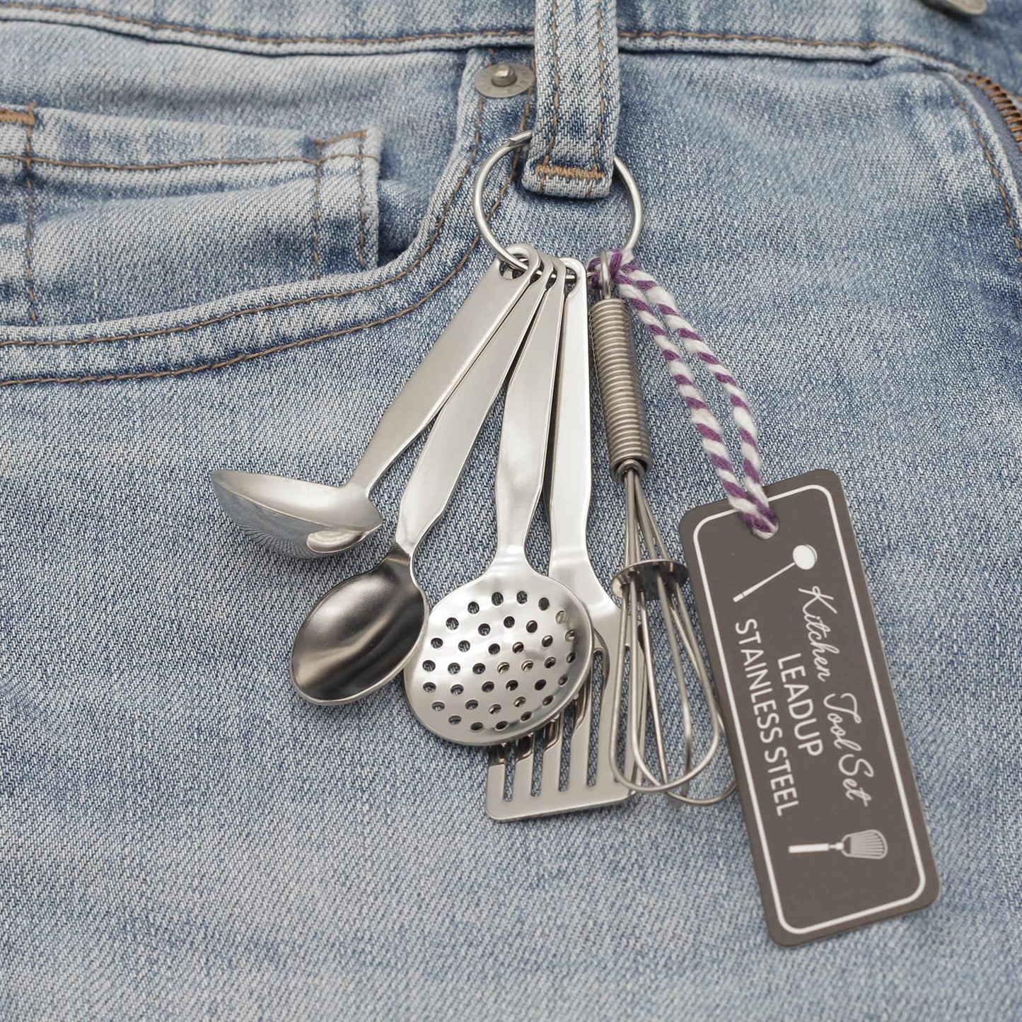 LEADUP Mini Stainless Steel Kitchen Tool Set with Keychain(3.5"),Set of 5,Includes Whisk, Spatula, Spoon, Skimmer,Soup ladle