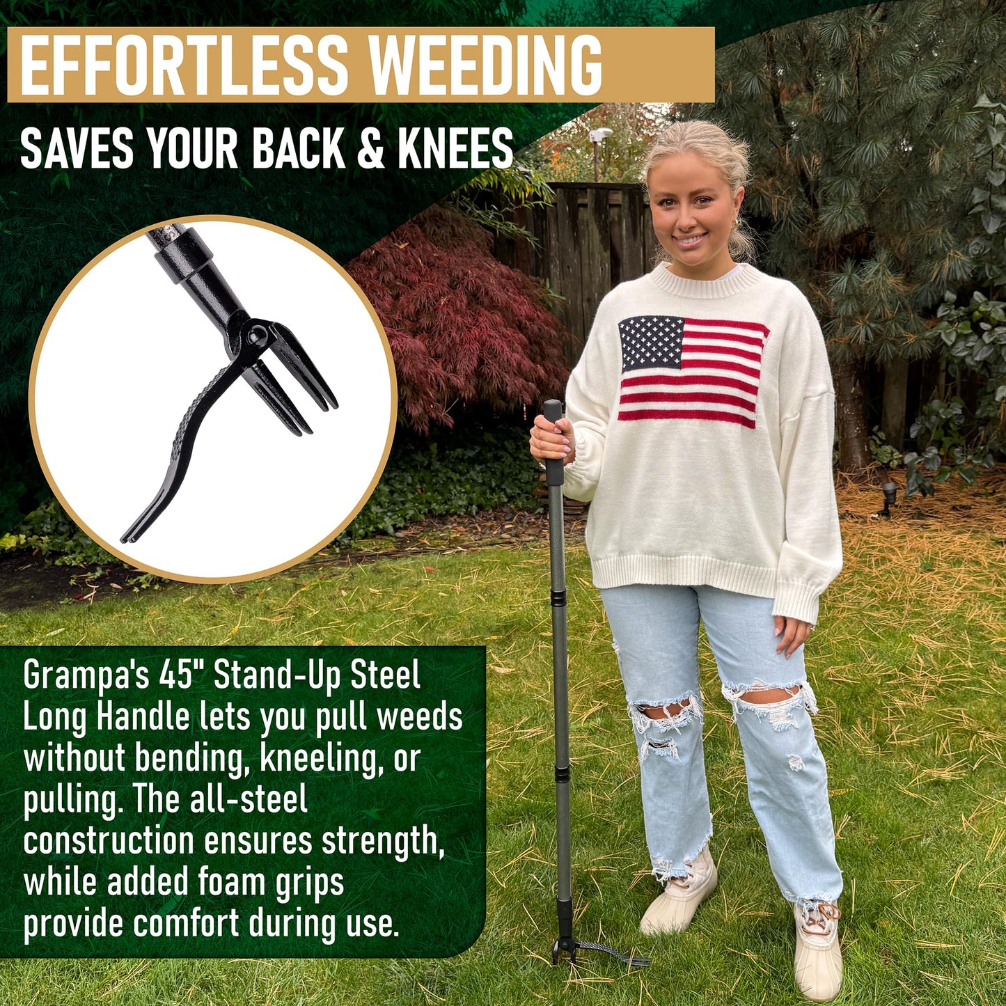 Grampa's Metal Weeder - Stand Up Weed Puller Tool with Steel Long Handle - Made with All Steel Handle & 4-Claw Steel Head - Easily Remove Weeds Without Bending, Pulling, or Kneeling (Black)