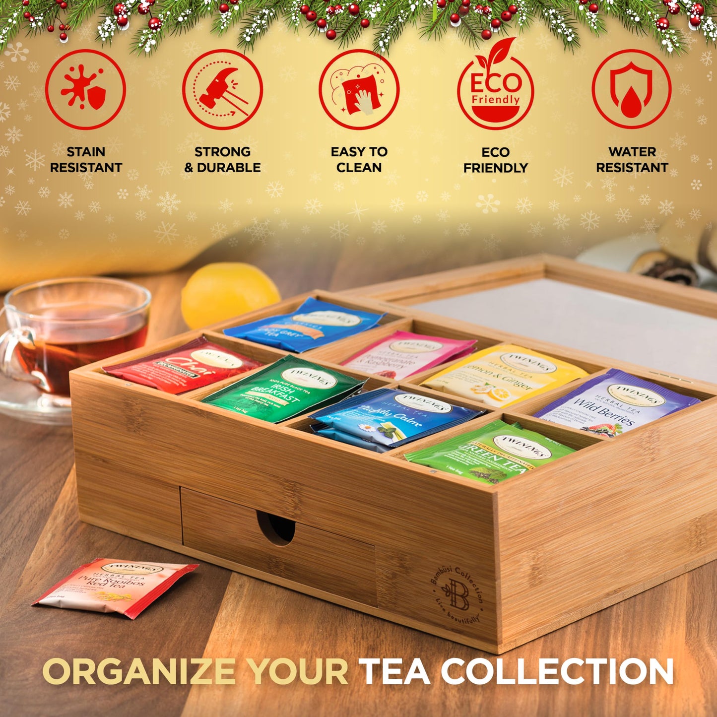 Bamboo Tea Bag Organizer Storage Box with Drawer & Acrylic Window - Magnetic Lid Keeps Contents Fresh - Ideal Mothers Day Gifts for Mom - Gift Caddy (Tea Not Included)