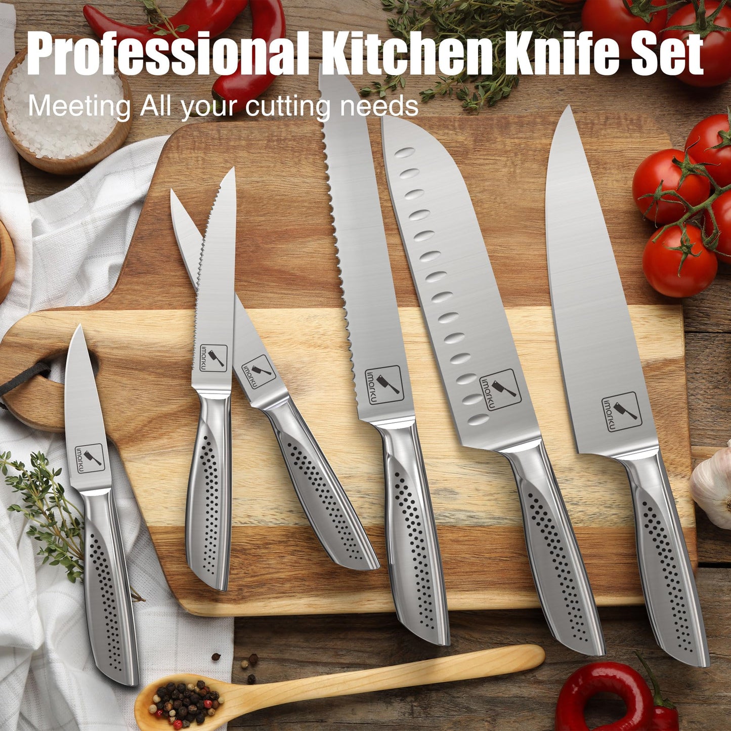 imarku Knife Set,15 PCS Kitchen Knife Set With Block, Premium HC Stainless Steel Knife Block Set With Built-in Sharpener, Kitchen Knives With Ergonomic Handle, Dishwasher Safe, Mothers Day Gifts, Black