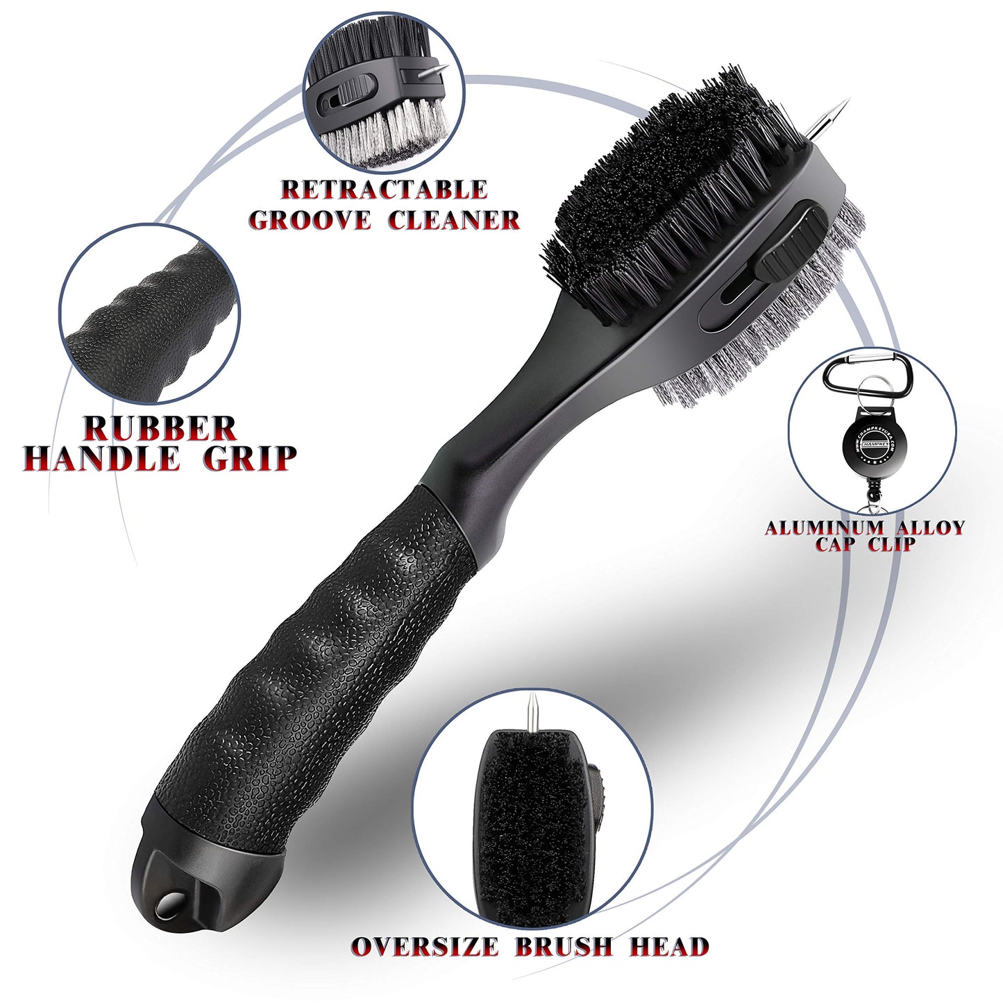 CHAMPKEY PRO Retractable Golf Club Brush | Oversized Brush Head with Soft Rubber Hand Grip & Retractable Groove Cleaner Golf Brush