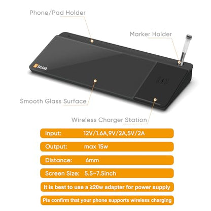 SELEAD Desktop Glass Whiteboard with Wireless Charger Station, Dry Erase Board Computer Pad Keyboard Stand with Organizer for Home, School, Office Desk Accessories, Black