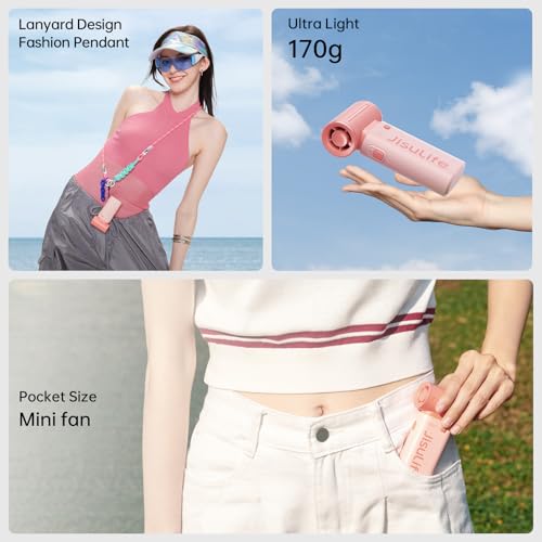 JISULIFE Portable Handheld Fan Life9, Turbo Power High Speed Air [18H Max Cooling Time], 5 Gear Wind, 5000mAh Rechargeable, Mini Pocket Design, Personal Fan for Travel Concerts Cruise Makeup - Pink