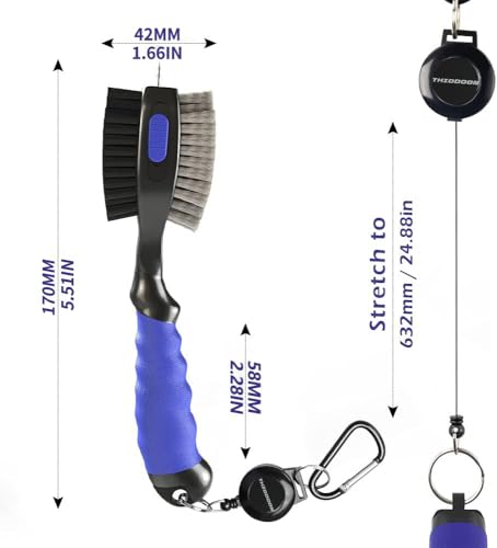THIODOON 2 Pack Golf Club Brushes and Groove Cleaner 2 ft Retractable Zipline Carabiner Oversized Golf Brush Head with Retractable Spike Comfortable Grip Golf Club Cleaner